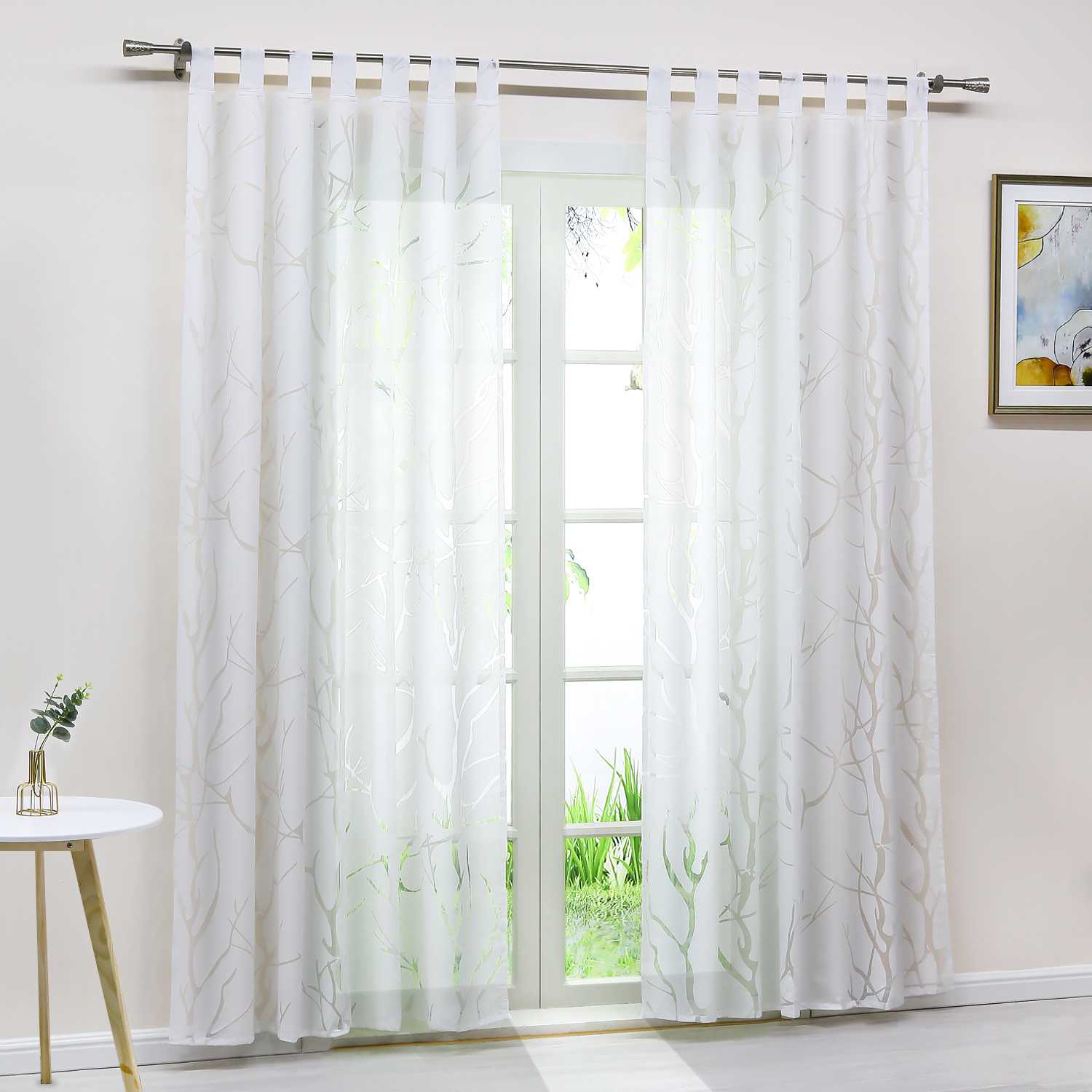 Curtain with Branch Pattern Light-Filtering Garden Style 1 Piece - White, Tab-Top Panel