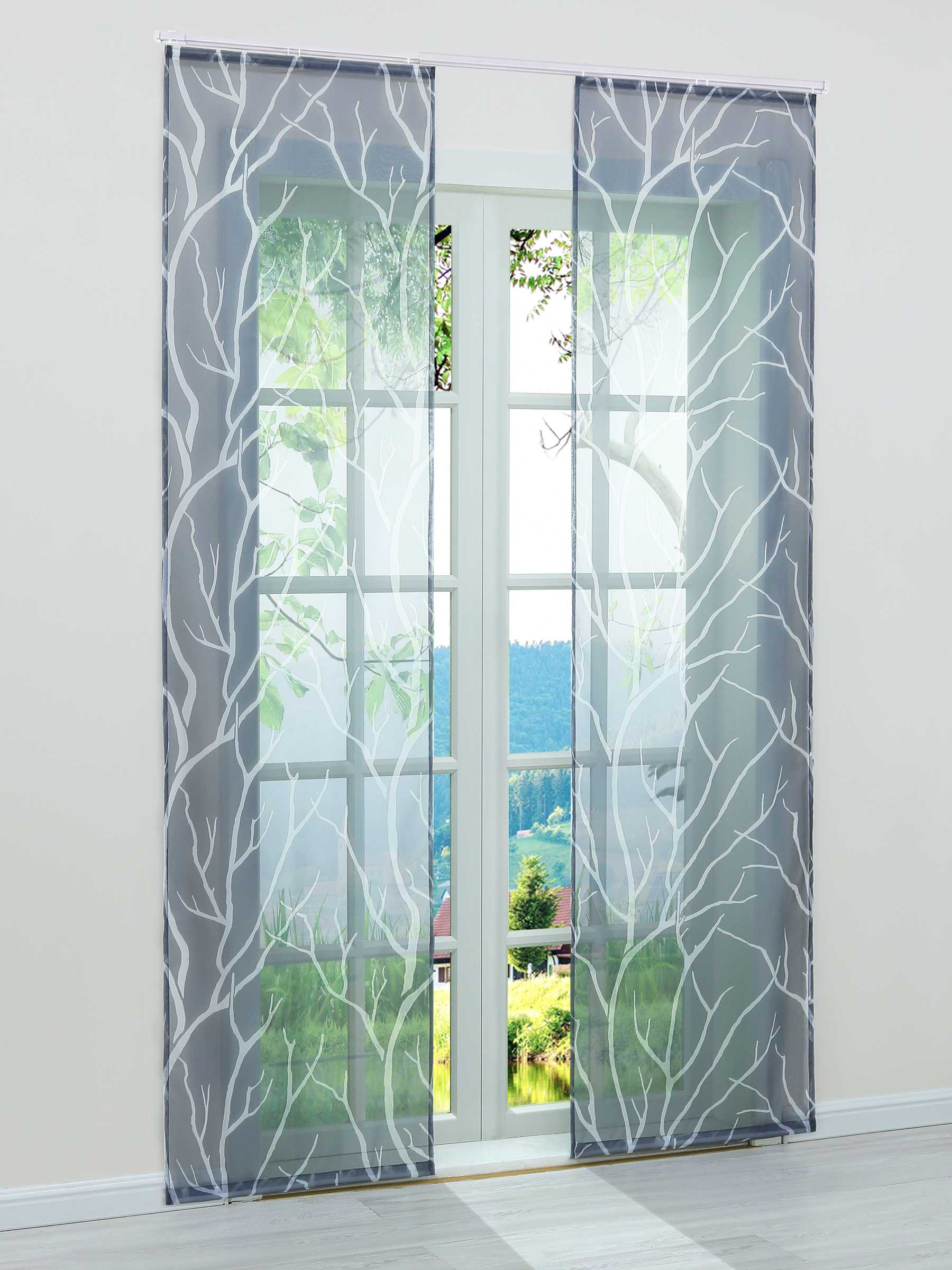 Tab-Top Curtain Panel with Branch Pattern Light-Filtering Set of 2 - Brown, H x W 145 x 57 cm