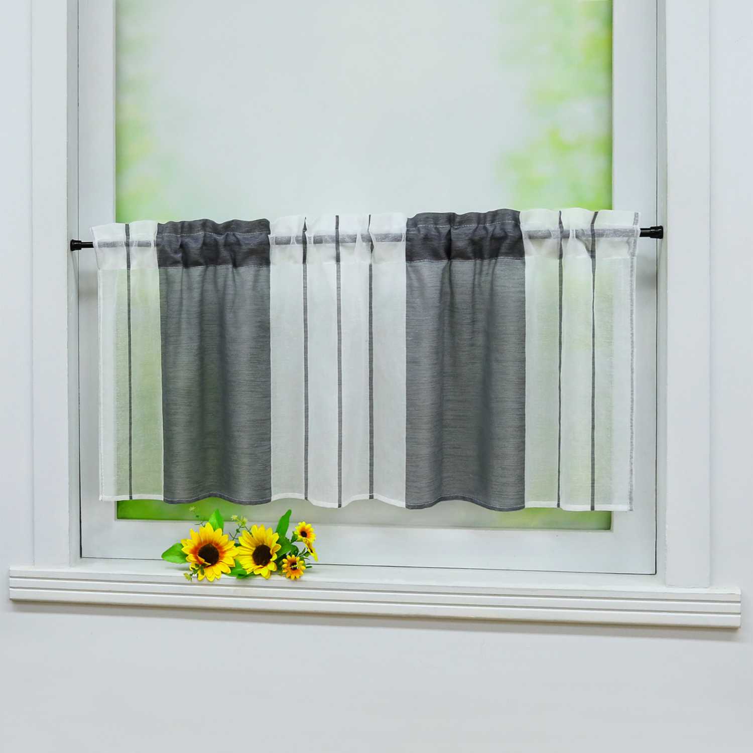 Cafe Curtain Gatherable White Stripe Pattern Semi-Sheer 1 Piece - Gray, W x H 90 x 45cm