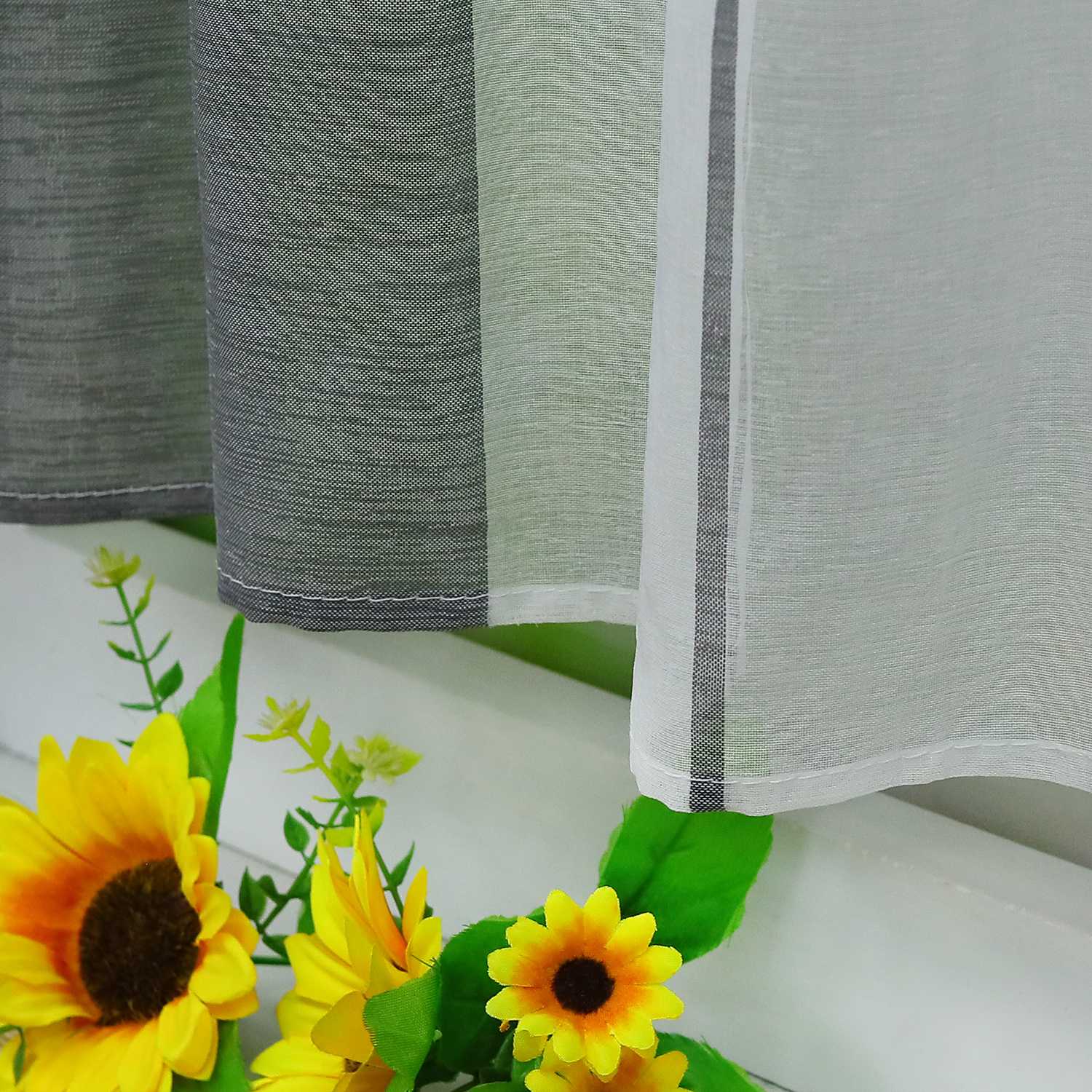 Cafe Curtain Gatherable White Stripe Pattern Semi-Sheer 1 Piece - Gray, W x H 120 x 60cm