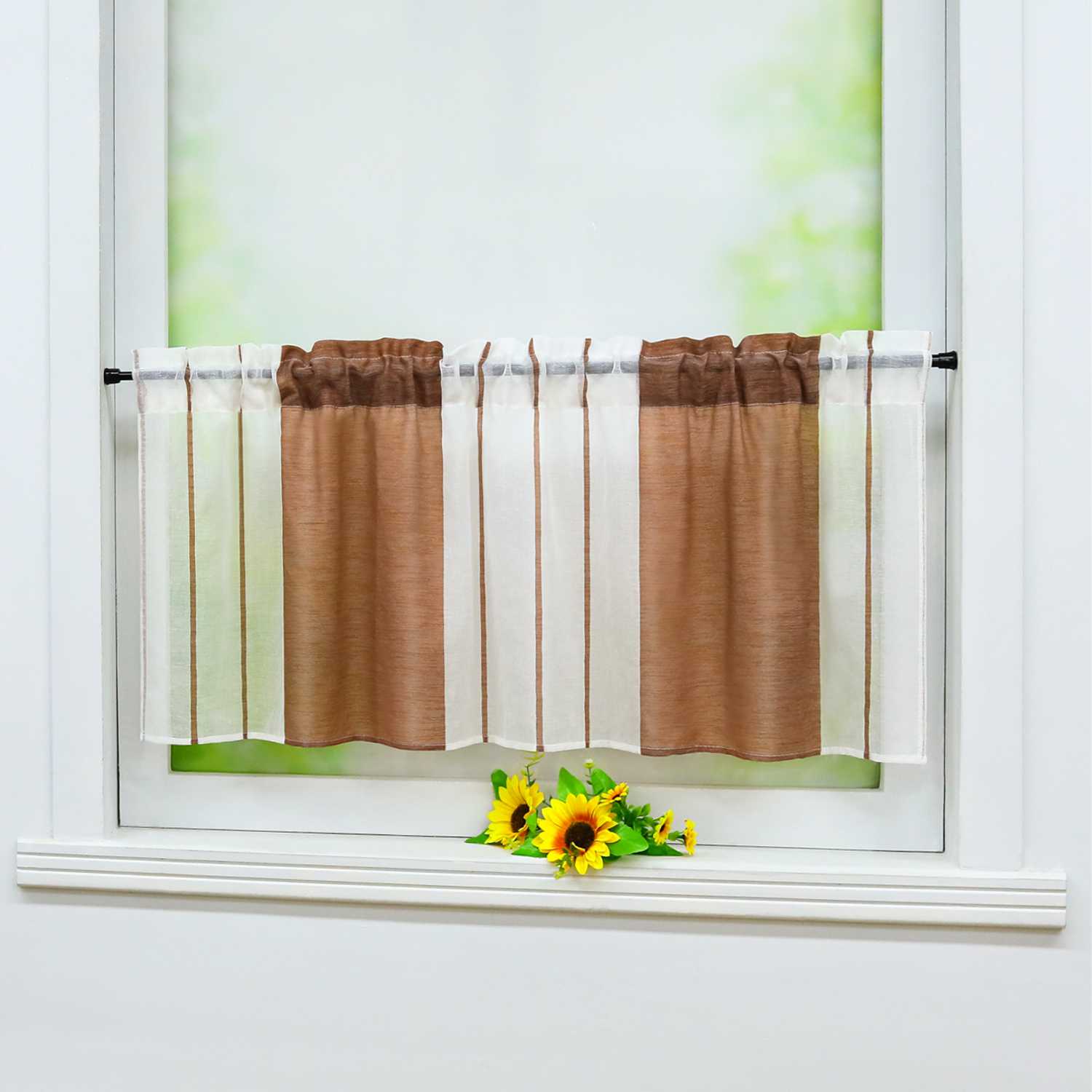 Cafe Curtain Gatherable White Stripe Pattern Semi-Sheer 1 Piece - Brown, W x H 120 x 45cm