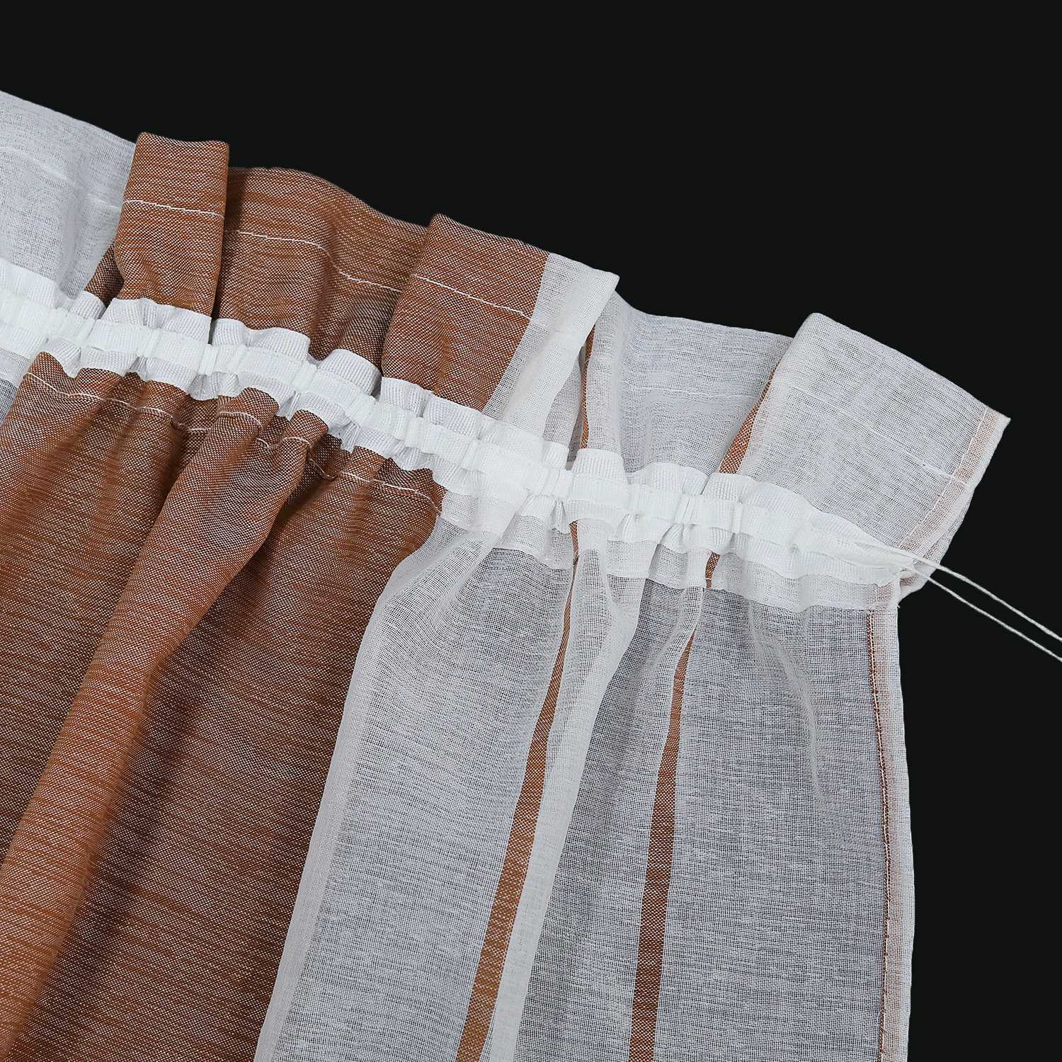 Cafe Curtain Gatherable White Stripe Pattern Semi-Sheer 1 Piece - Brown, W x H 145 x 60cm
