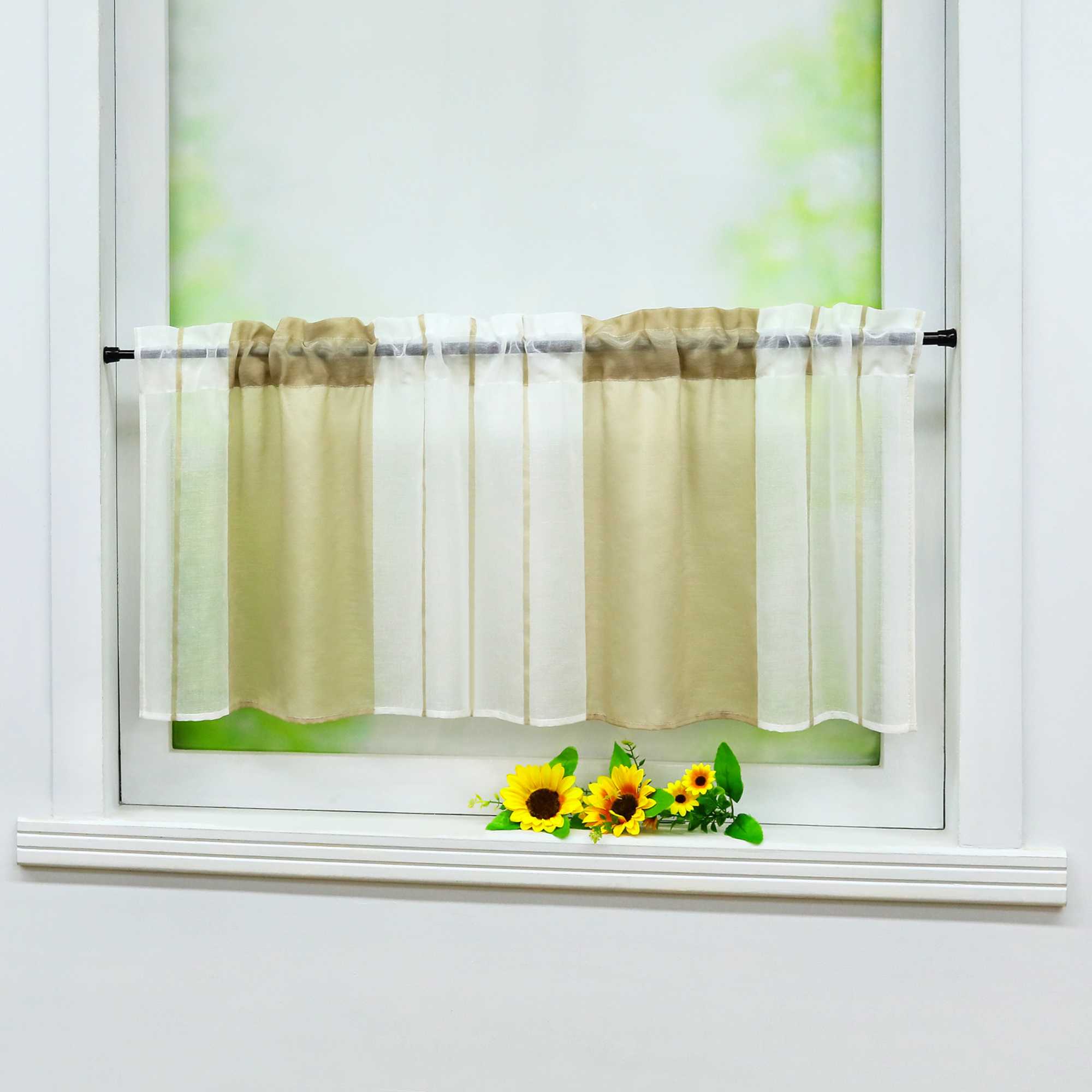 Cafe Curtain Gatherable White Stripe Pattern Semi-Sheer 1 Piece - Sand, W x H 90 x 45cm