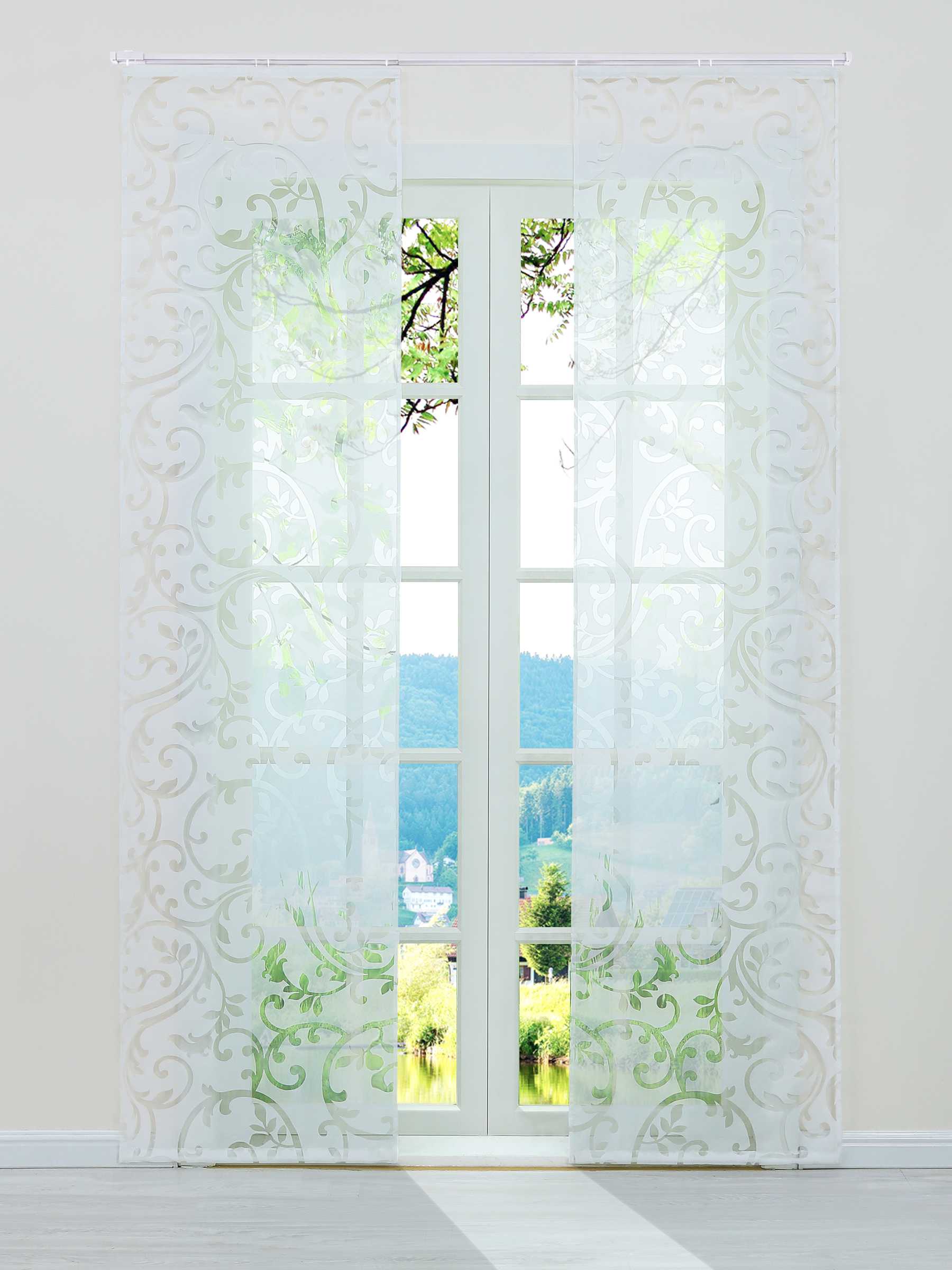 Hook-and-Loop Sliding Panel Curtains with Floral Pattern Set of 2 - White, W x H 57 x 145cm