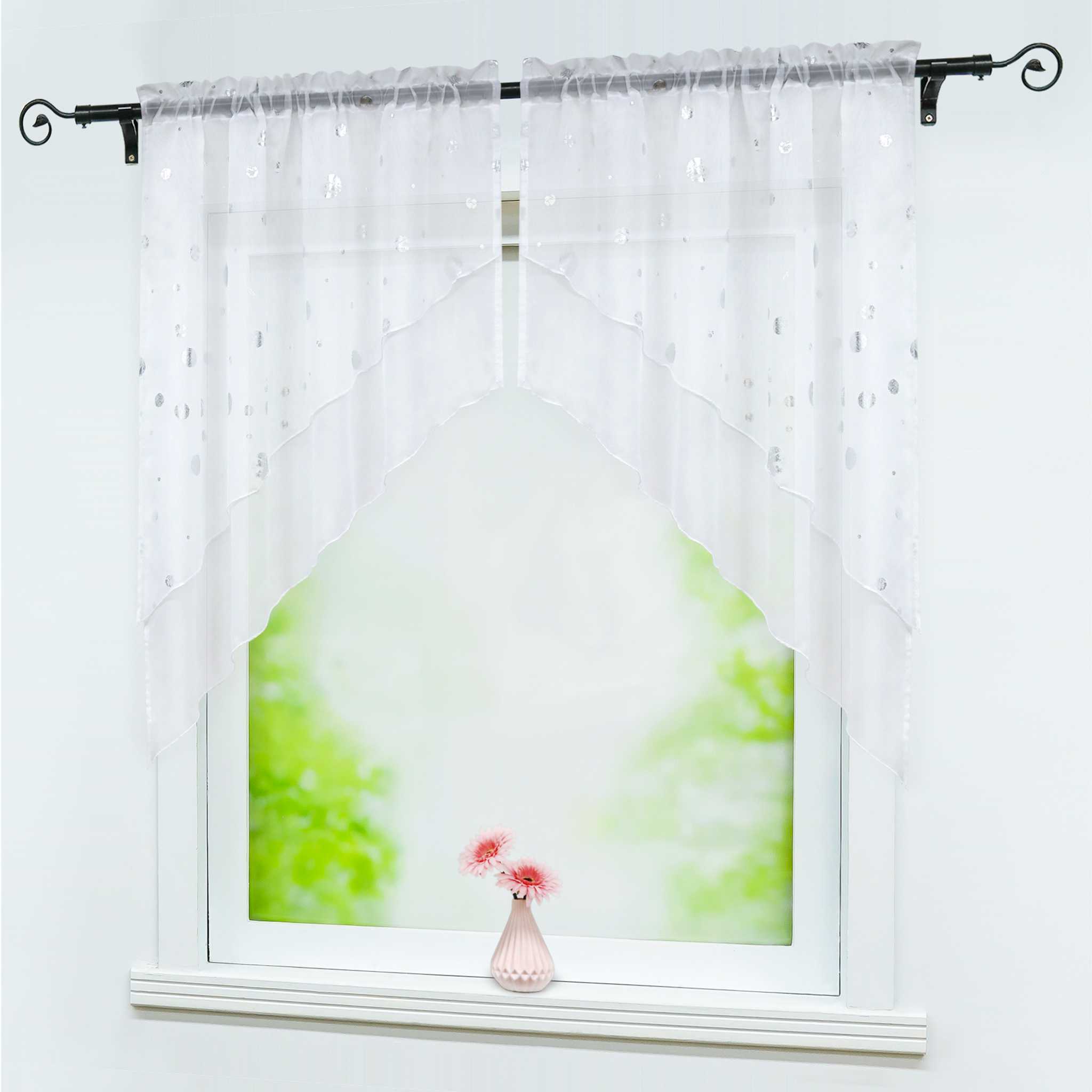 Cafe Curtain Double-Layer Voile Arch with Shimmering Circle Pattern - Silver, W x H 90 x 100cm