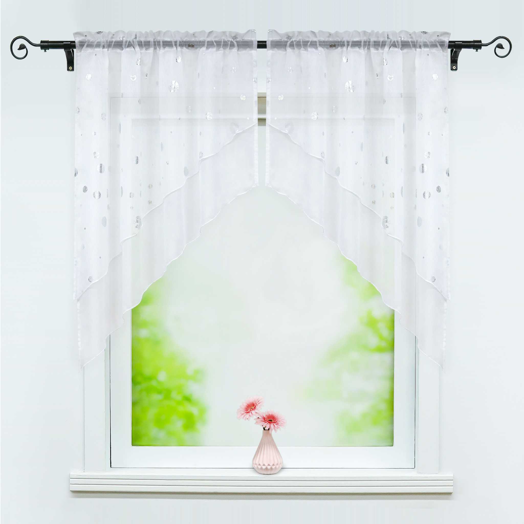 Cafe Curtain Double-Layer Voile Arch with Shimmering Circle Pattern - Silver, W x H 80 x 80cm
