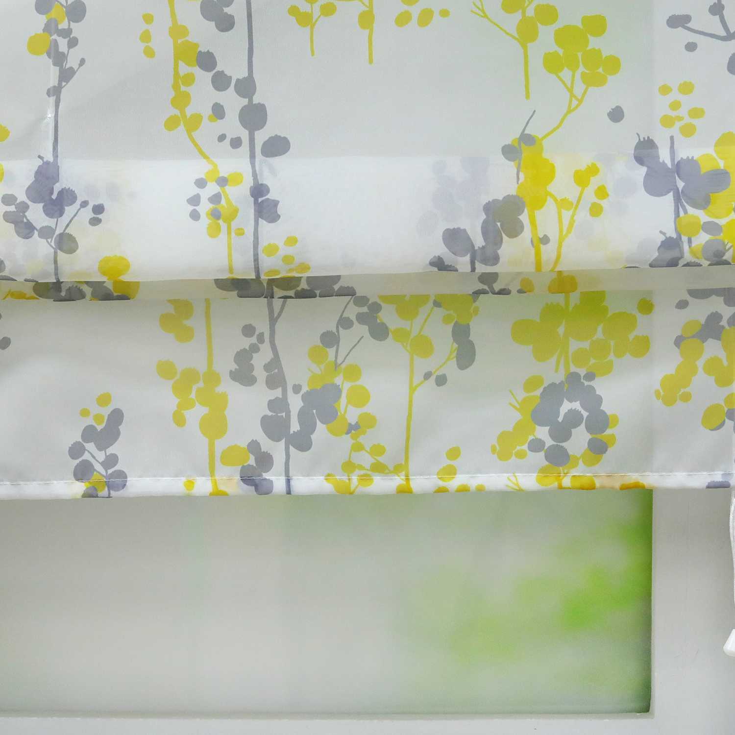 Roman Shade with Tab-Top Hanging Voile with Blueberry Pattern