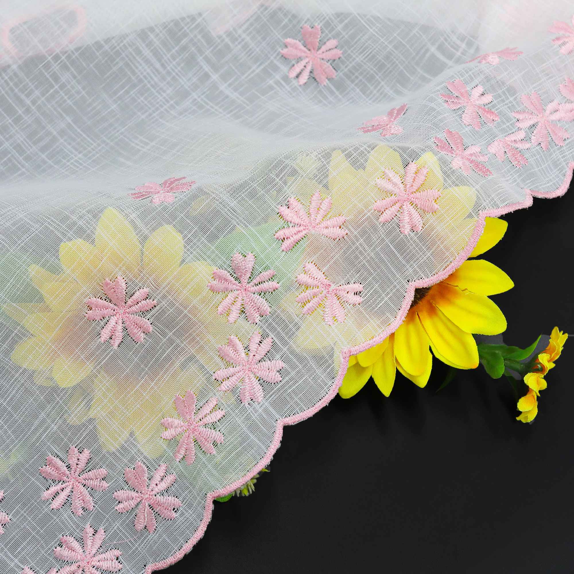 Cafe Curtain with Floral Pattern Embroidery in Country Style - Pink, H x W 60 x 90cm