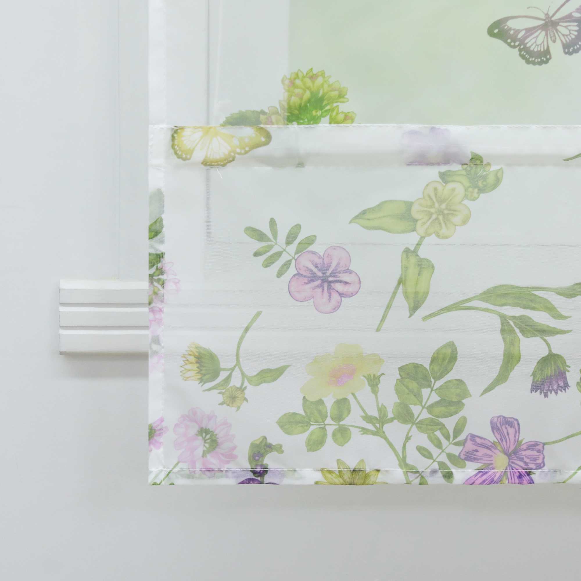 Roman Shade with Tab Tops with Butterfly Pattern Sheer