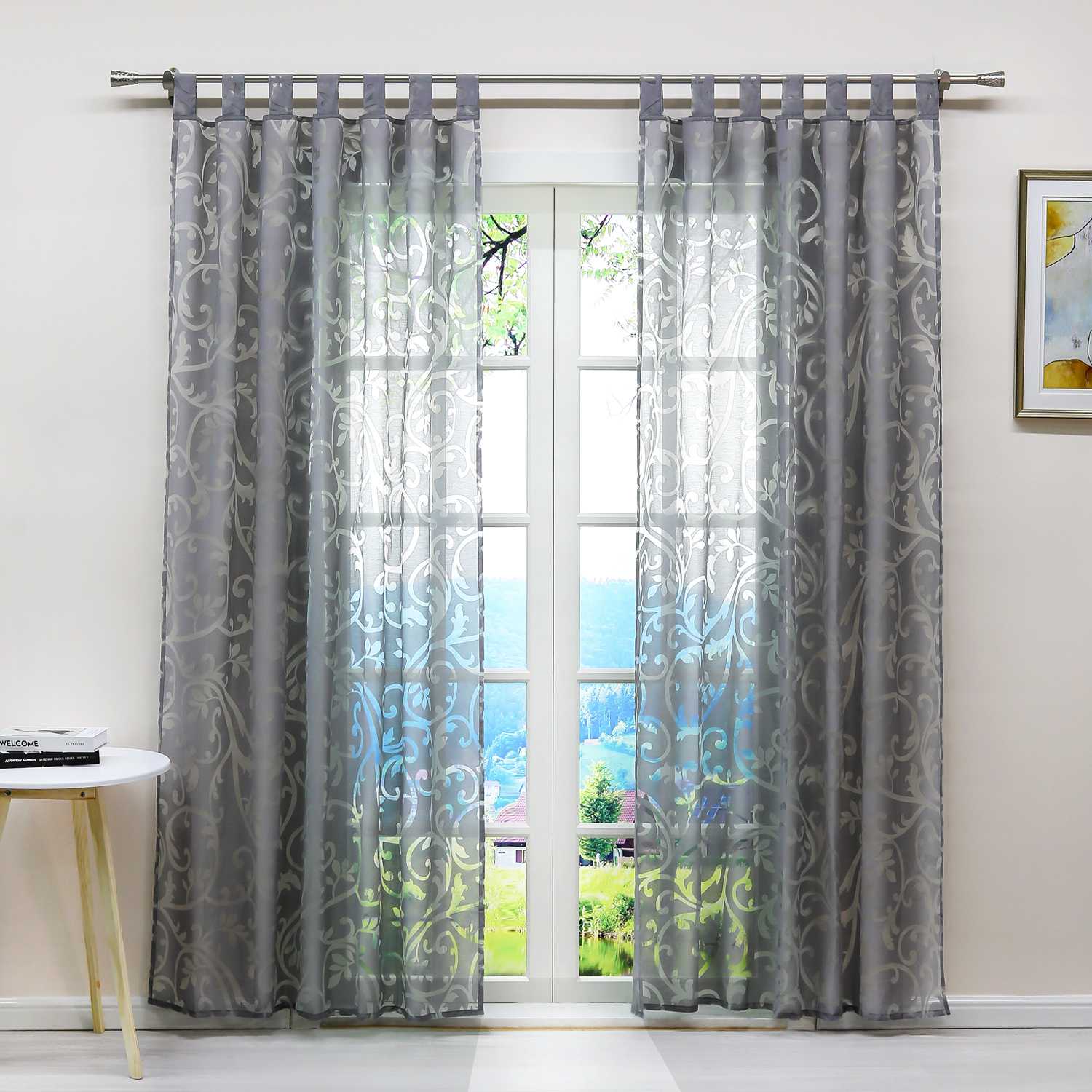 Curtain with Floral Pattern Light-Filtering Curtain Panel 1 Piece - Tab-Top Panel, White
