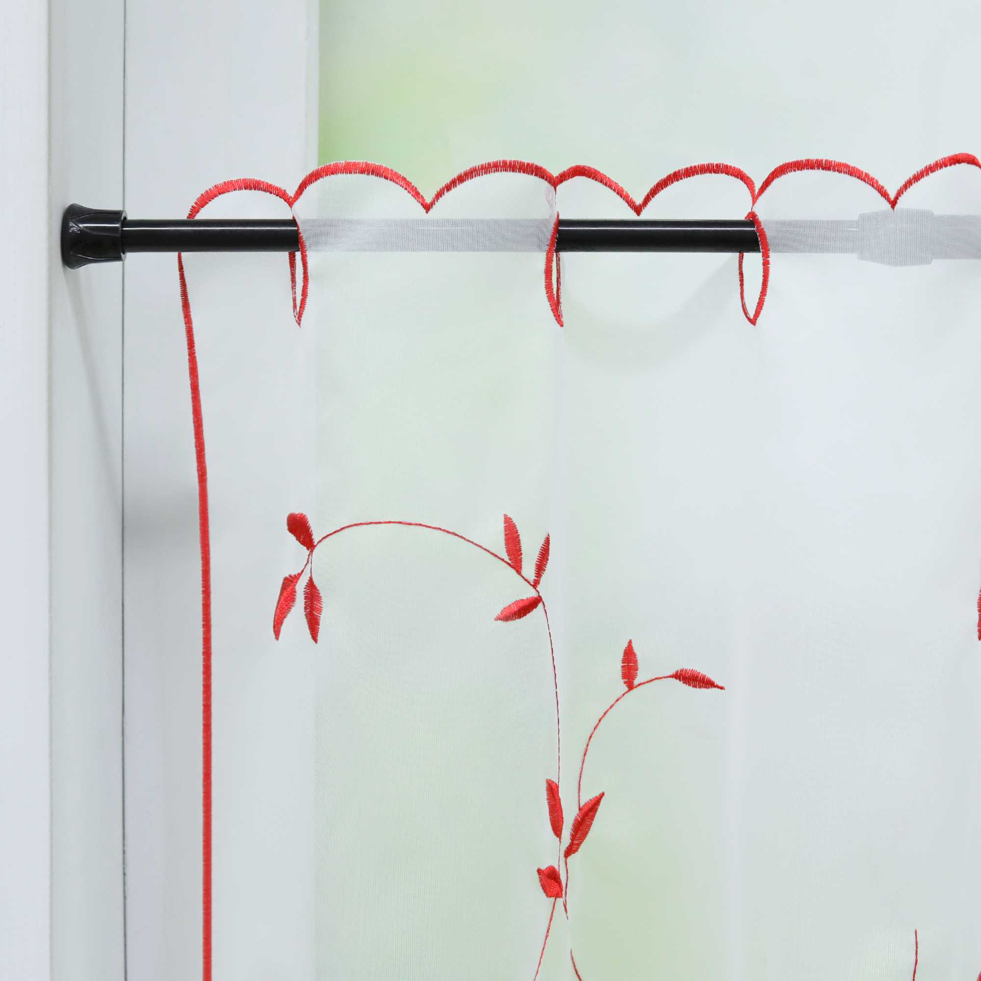 Cafe Curtain Voile with Leaf Embroidery - Red, H x W 30 x 120cm