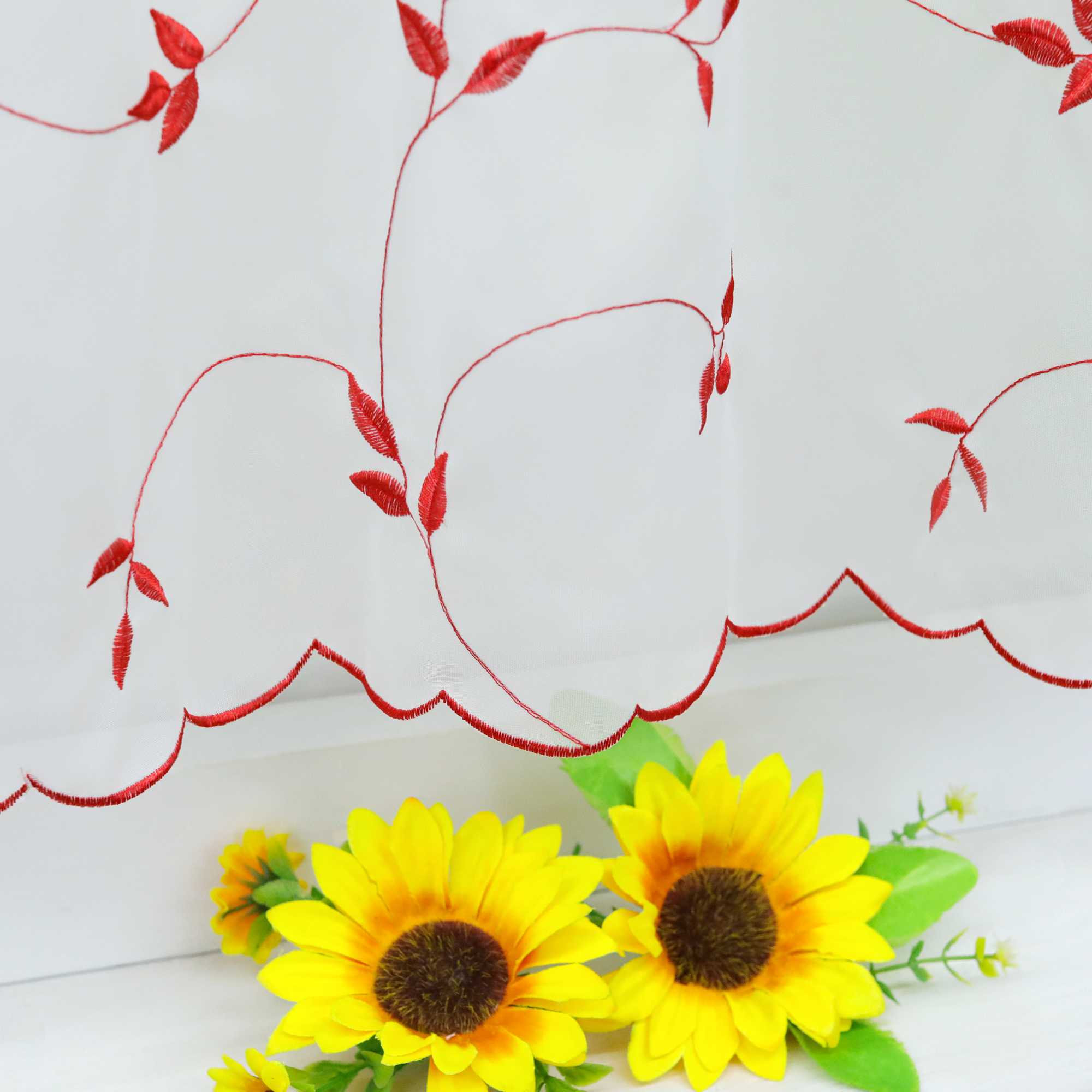 Cafe Curtain Voile with Leaf Embroidery - Red, H x W 45 x 90cm