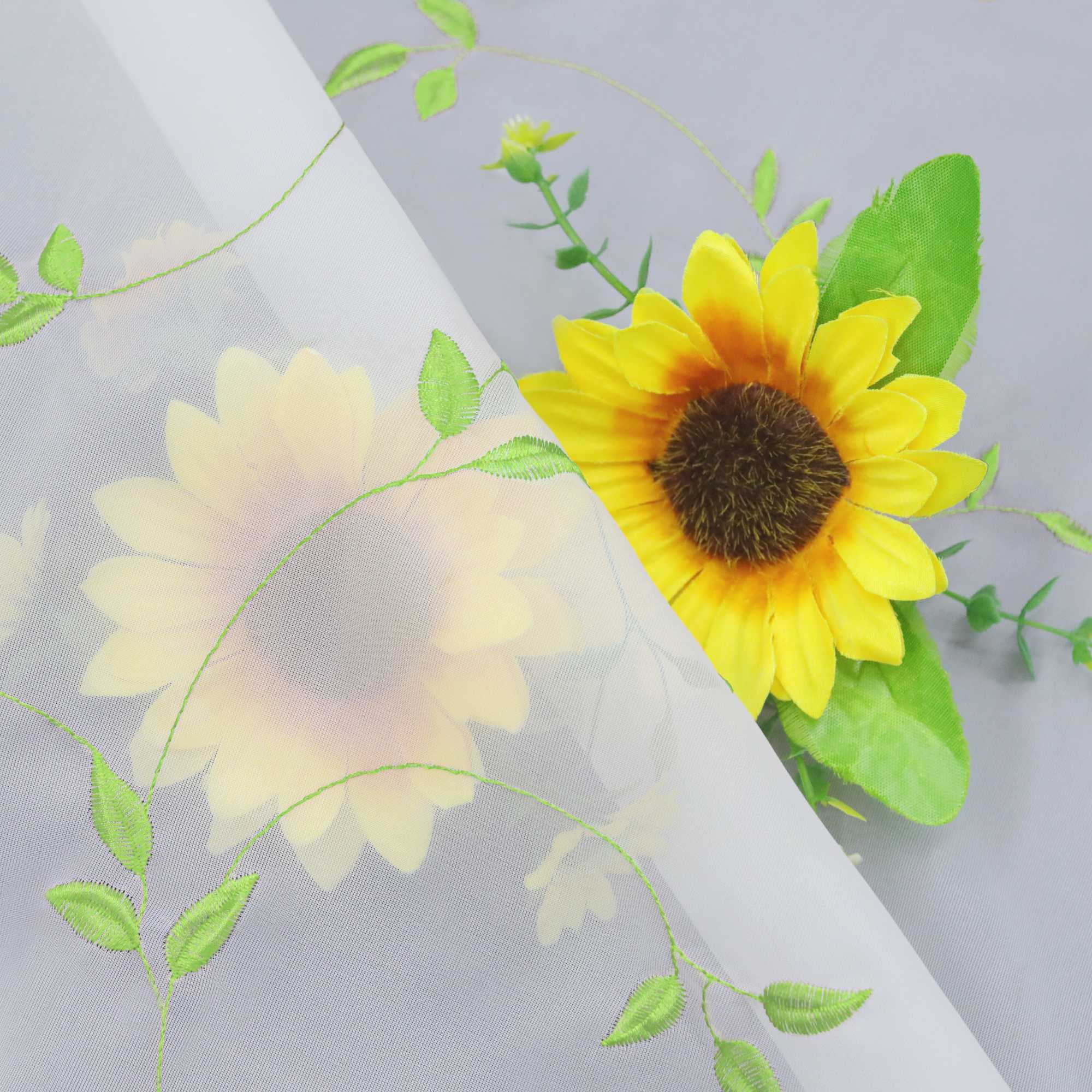 Cafe Curtain Voile with Leaf Embroidery - White, H x W 60 x 140cm