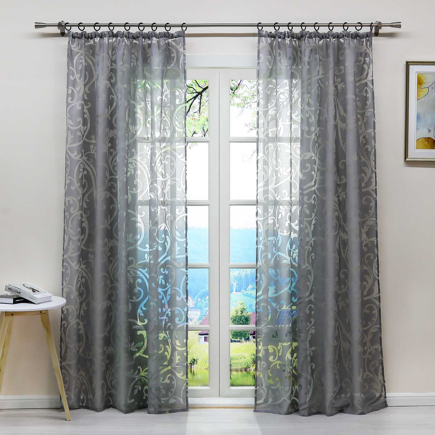 Curtain with Floral Pattern Light-Filtering Curtain Panel 1 Piece - Tab-Top Panel, Gray