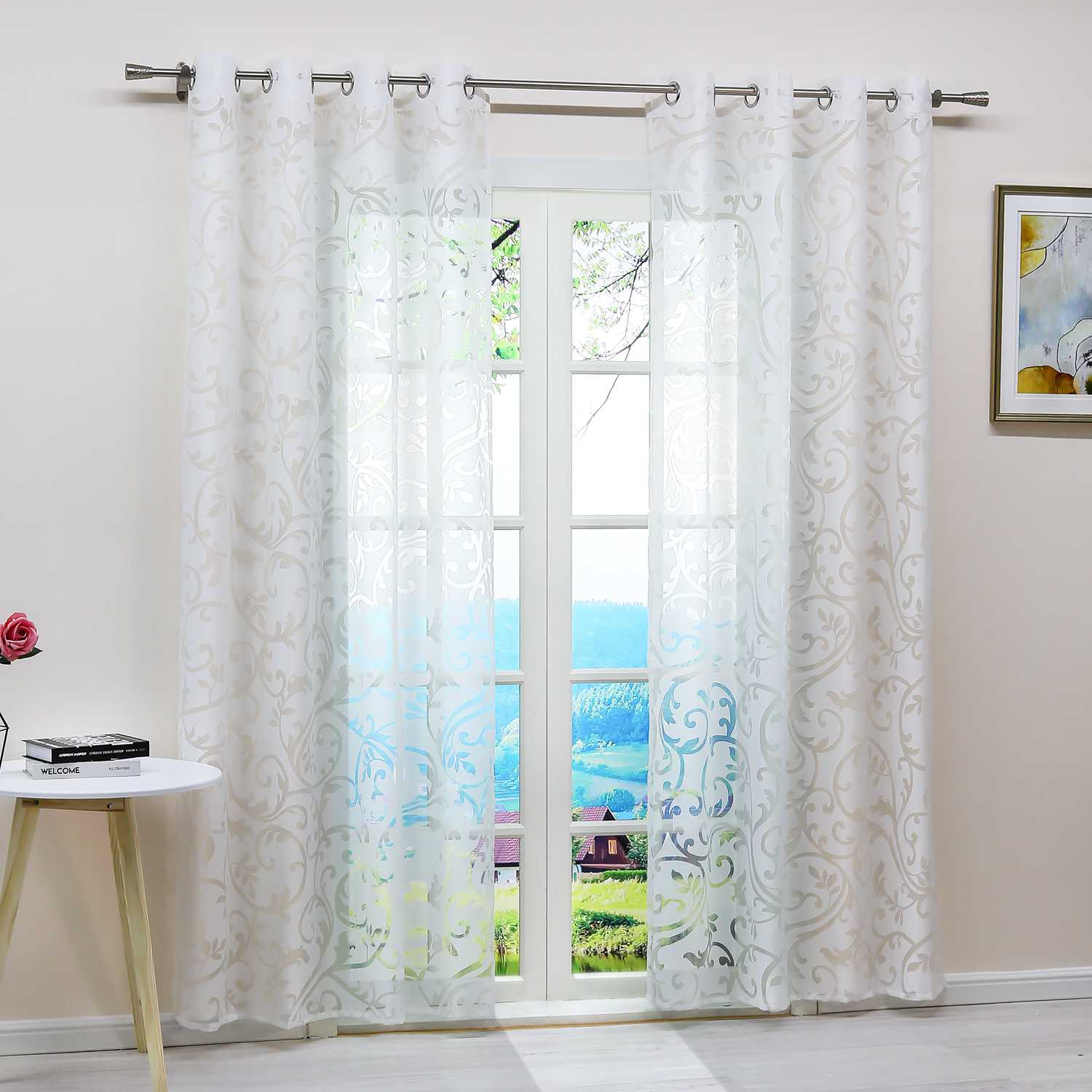 Curtain with Floral Pattern Light-Filtering Curtain Panel 1 Piece - Curtain-Tape Panel, Gray