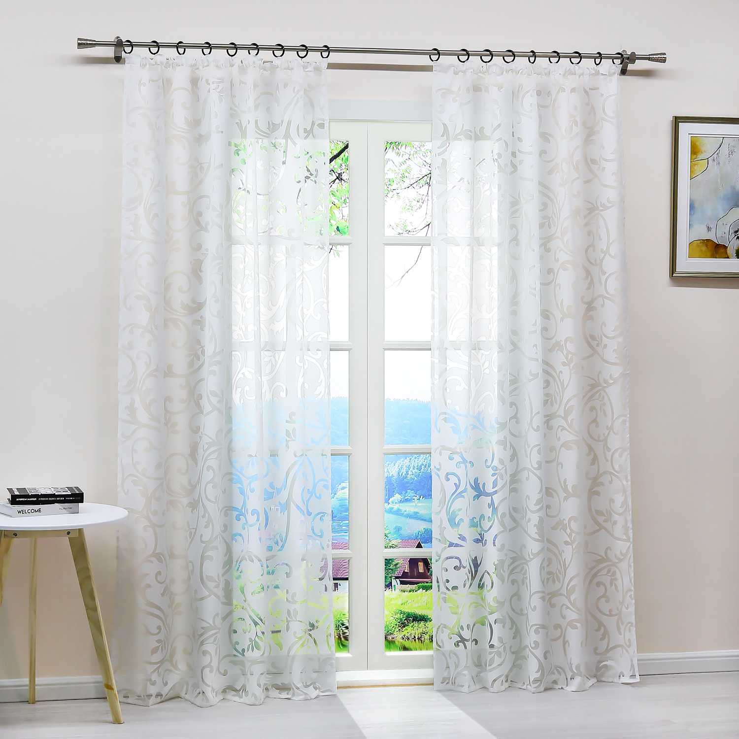 Curtain with Floral Pattern Light-Filtering Curtain Panel 1 Piece - Curtain-Tape Panel, White