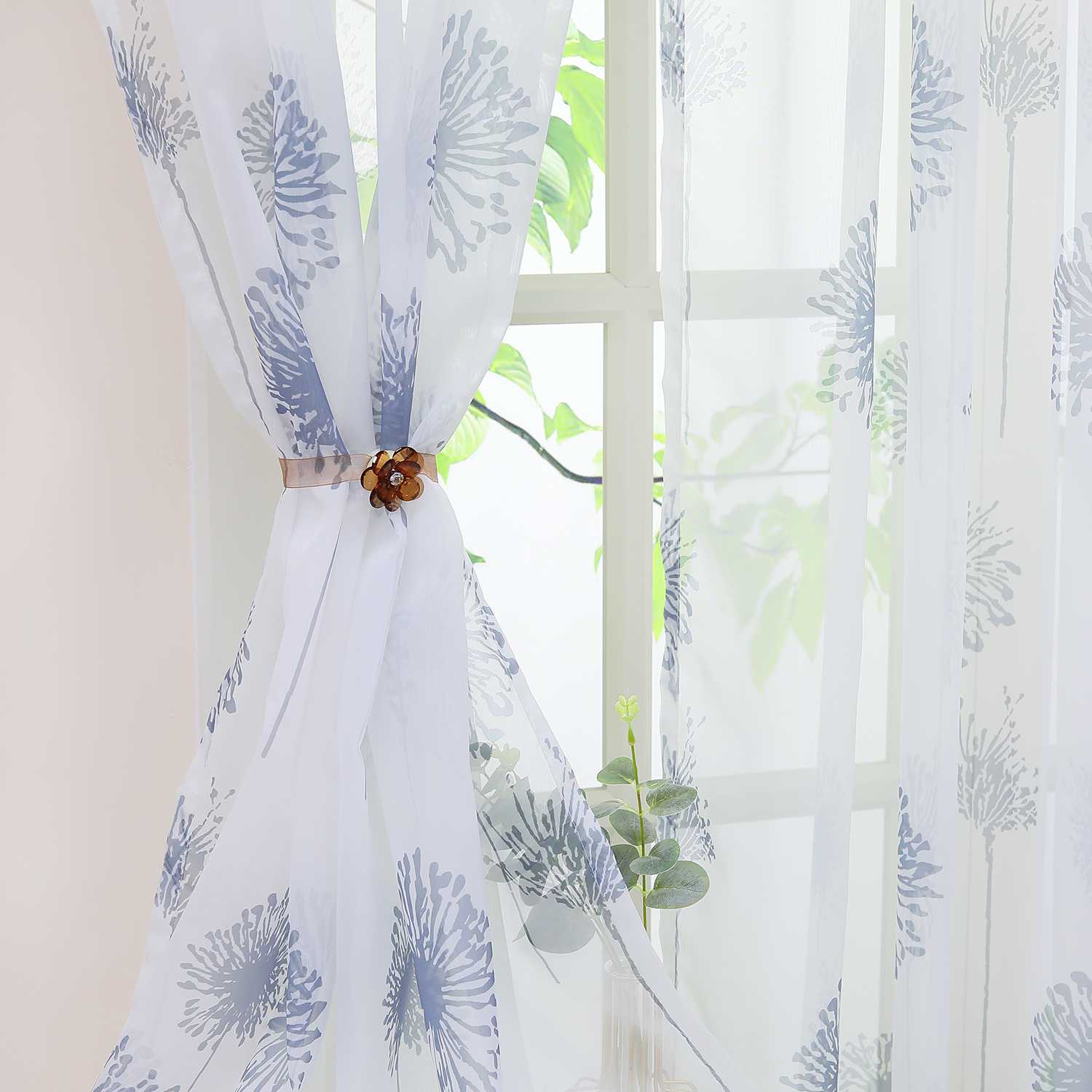 Curtain with Dandelion Pattern Light Privacy 1 Piece - White, Tab-Top Panel