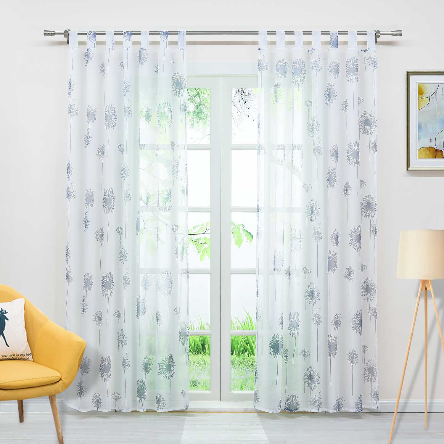 Curtain with Dandelion Pattern Light Privacy 1 Piece - White, Tab-Top Panel