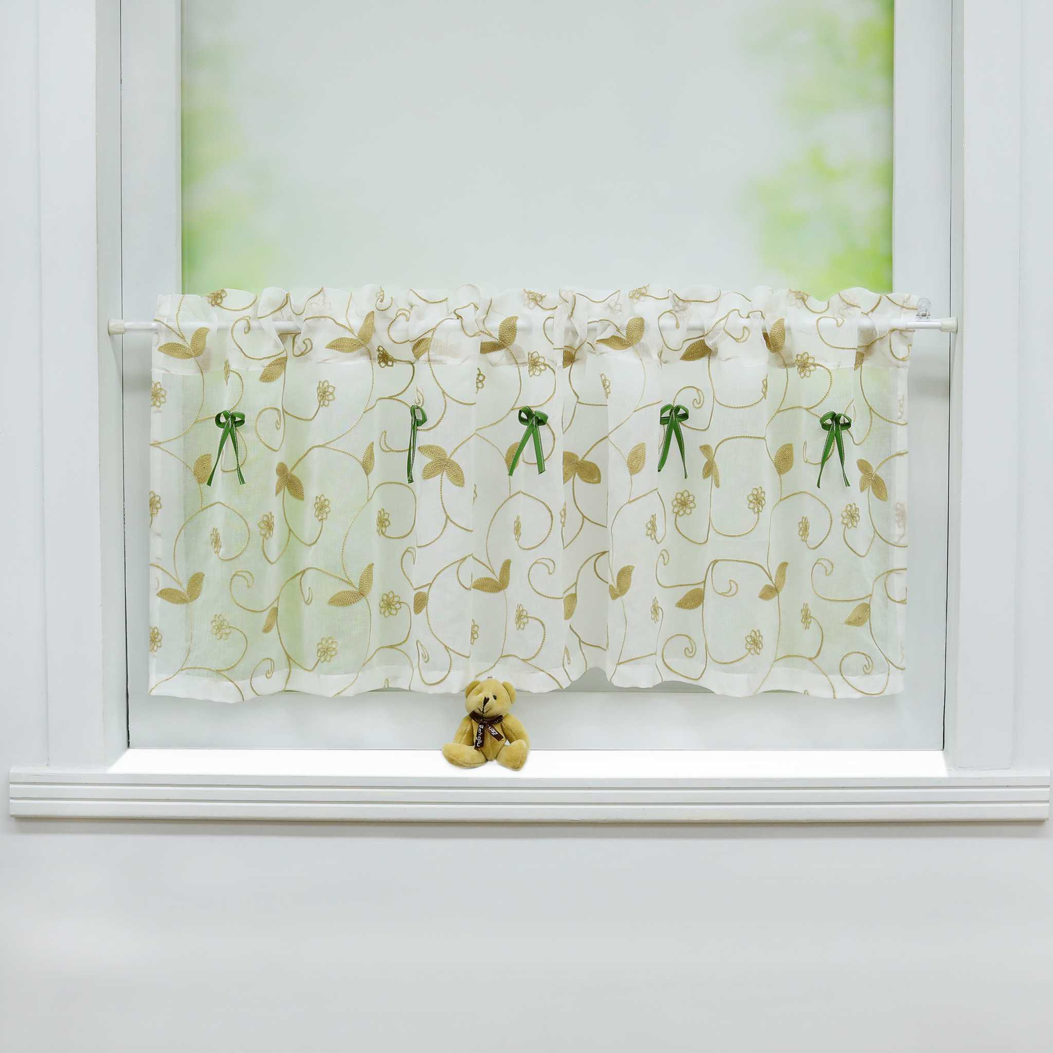 Cafe Curtain with Bows & Sheer Leaf Pattern - White, W x H 140 x 100cm