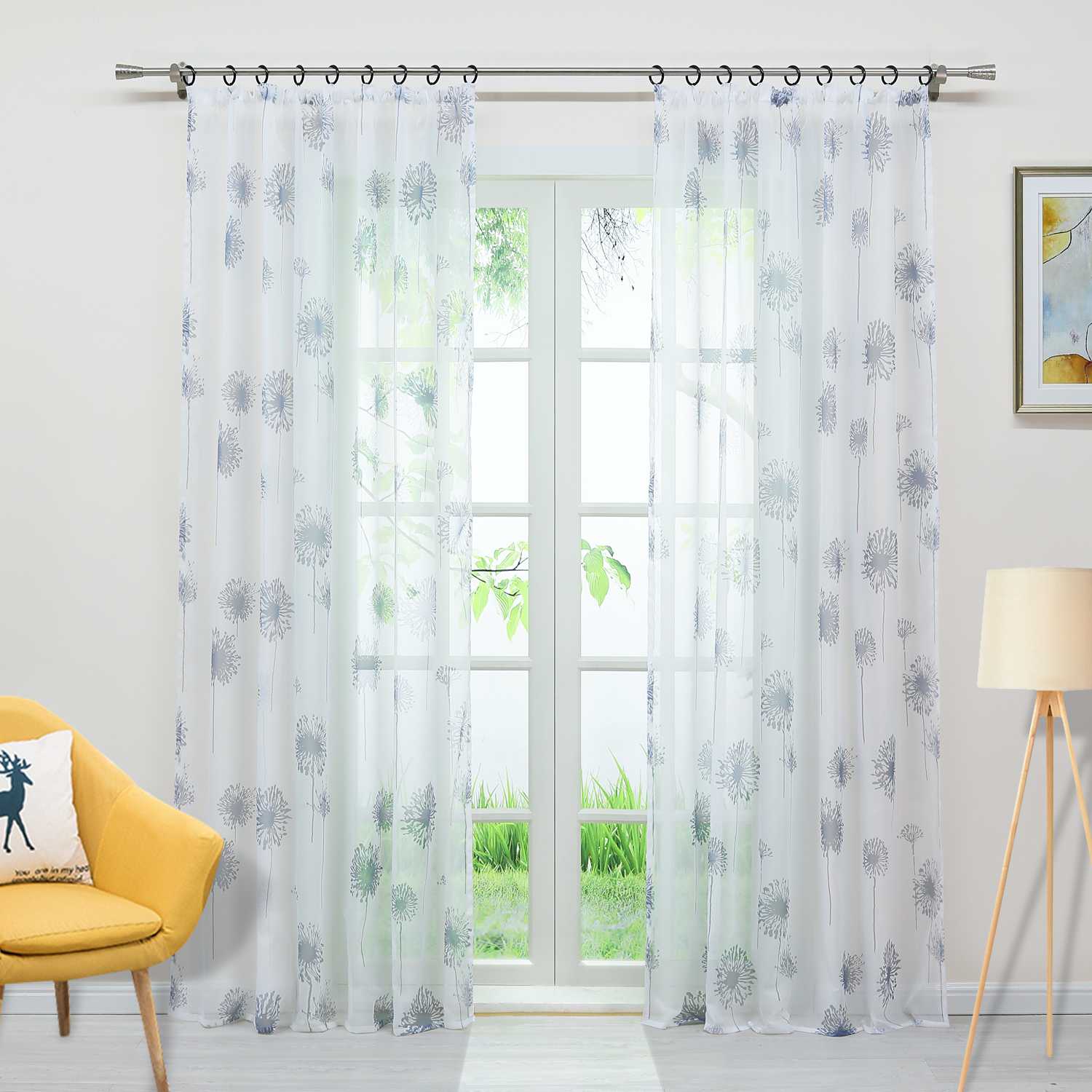 Curtain with Dandelion Pattern Light Privacy 1 Piece - White, Grommet Panel