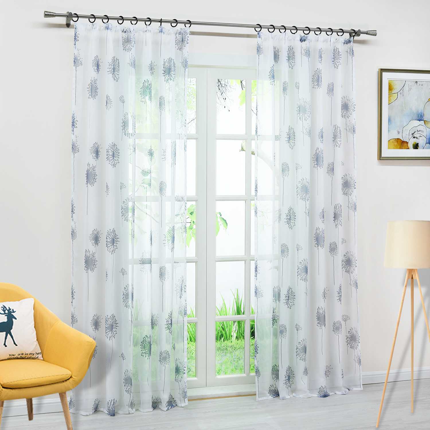 Curtain with Dandelion Pattern Light Privacy 1 Piece - White, Grommet Panel