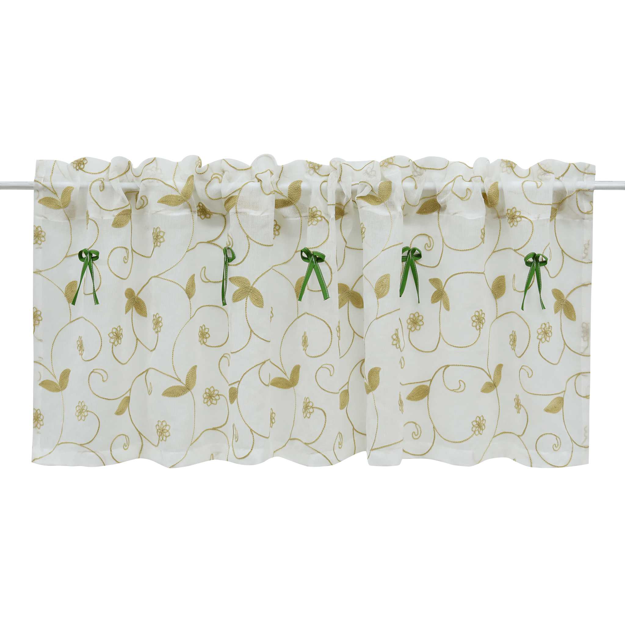 Cafe Curtain with Bows & Sheer Leaf Pattern - White, W x H 140 x 45cm