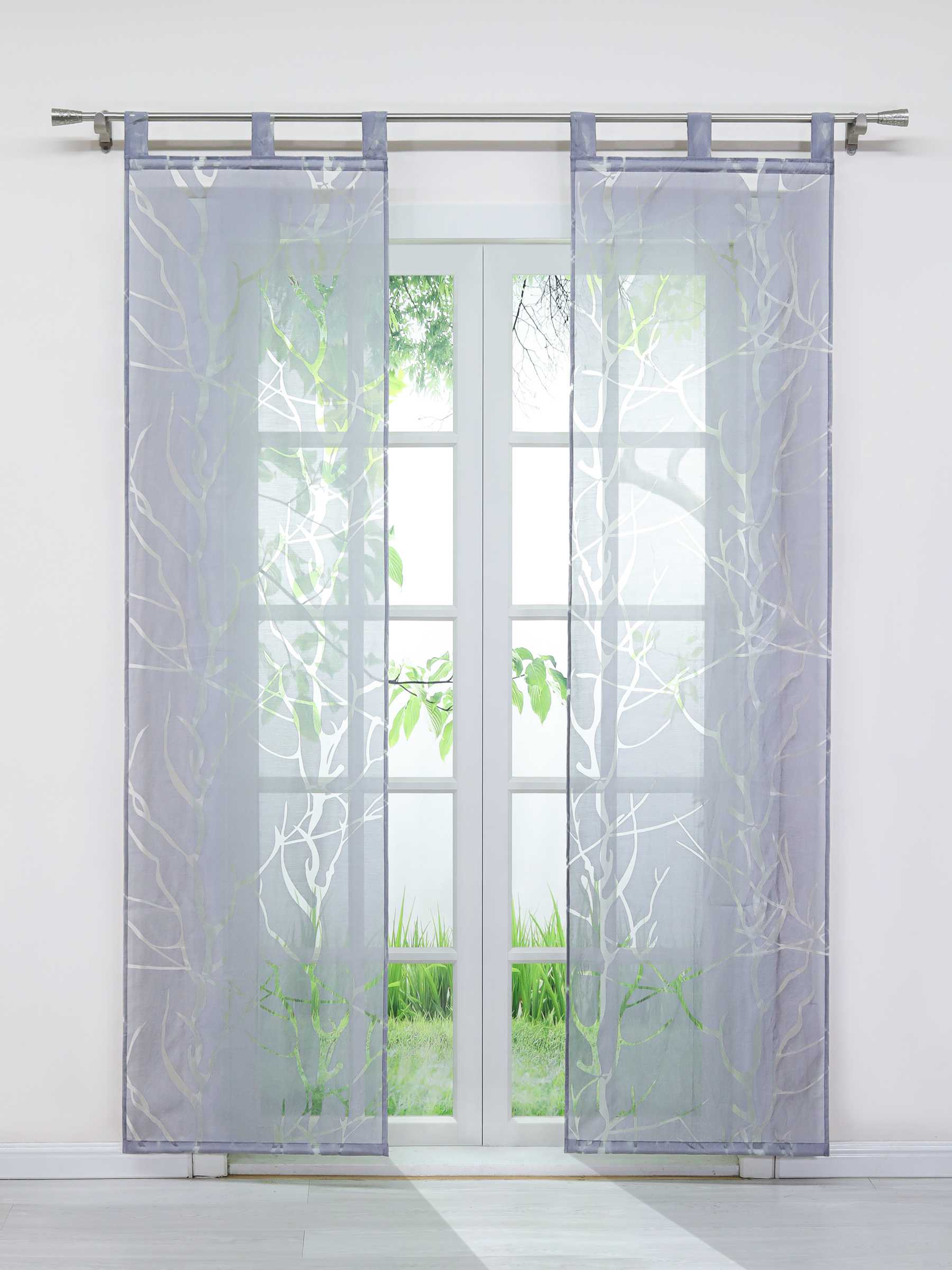 Tab-Top Curtain Panel with Branch Pattern Light-Filtering Set of 2 - Gray, H x W 145 x 57 cm