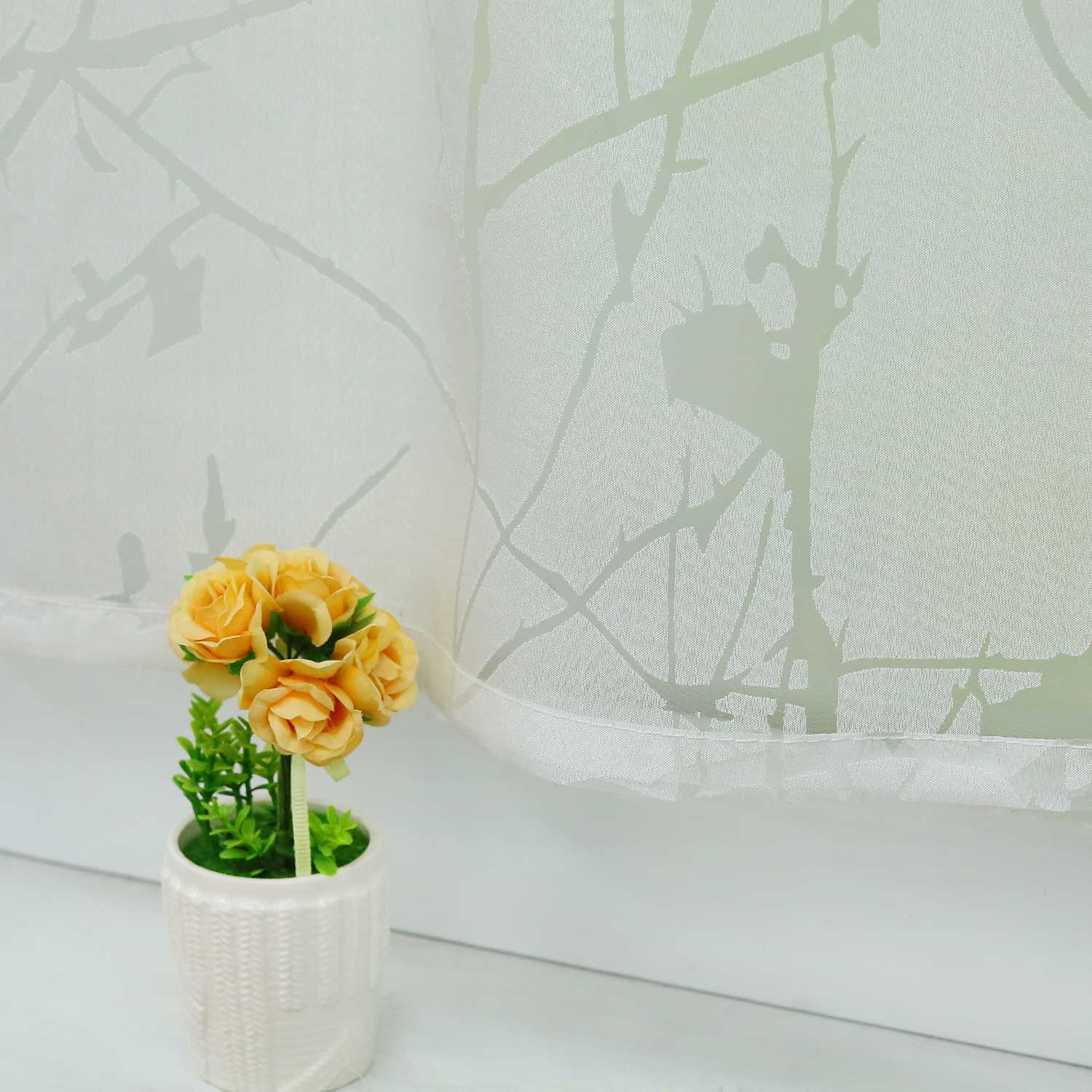 Cafe Curtain with Plum-Blossom Pattern and Tab-Top Hanging - White, H x W 60 x 120cm