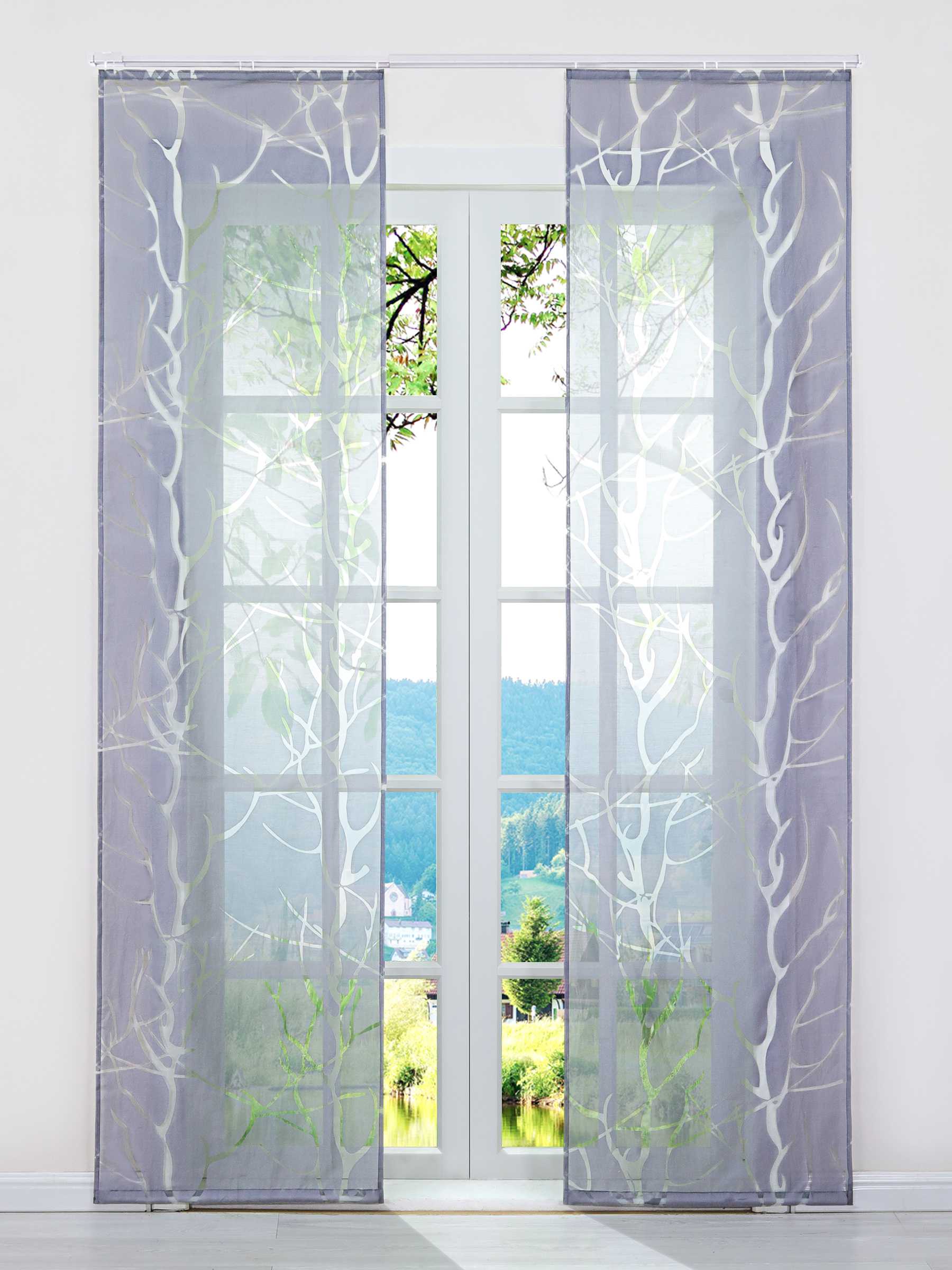 Hook-and-Loop Sliding Panel Curtains with Coarse Branch Pattern Light-Filtering Set of 2 - Gray, H x W 145 x 57 cm