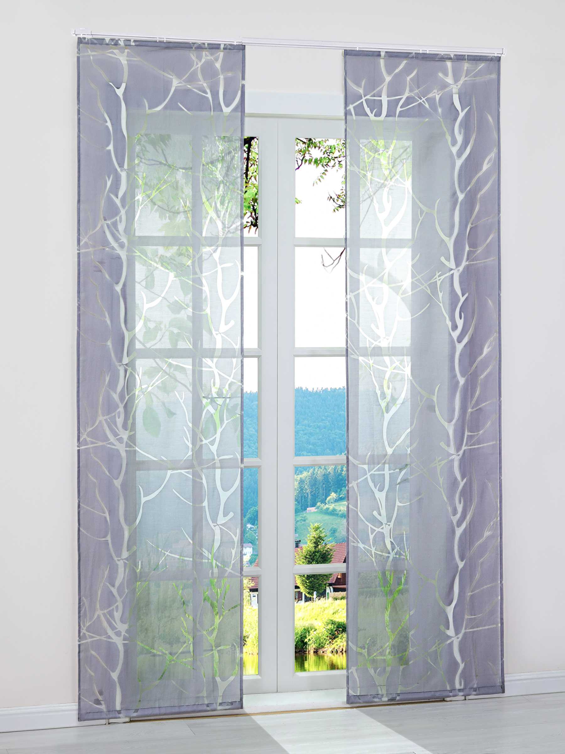 Hook-and-Loop Sliding Panel Curtains with Coarse Branch Pattern Light-Filtering Set of 2 - Gray, H x W 175 x 57 cm