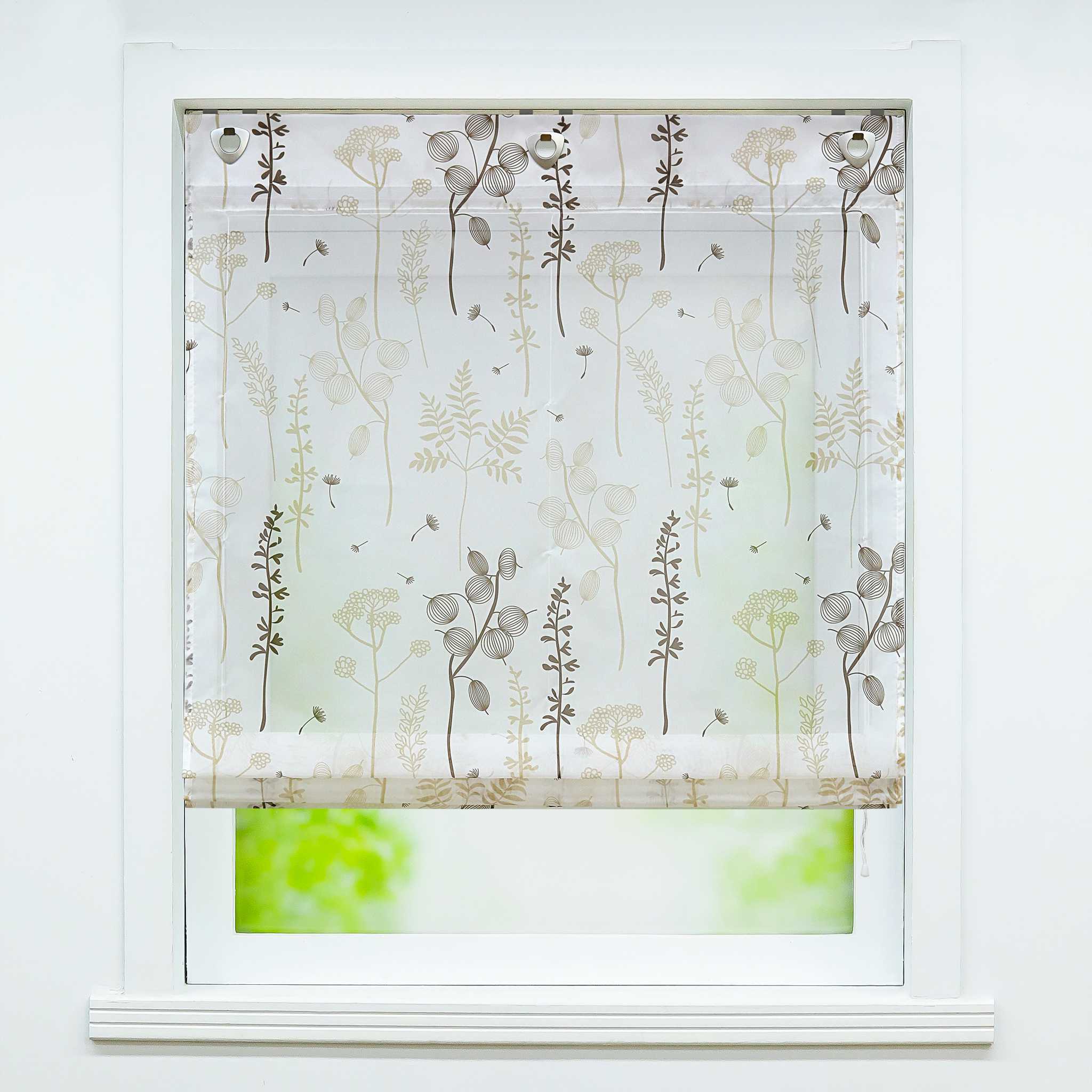 Roman Shade No-Drill Grommet with Hook Hanging with Chinese-Lantern Flower Pattern - Brown, W x H 60 x 140cm
