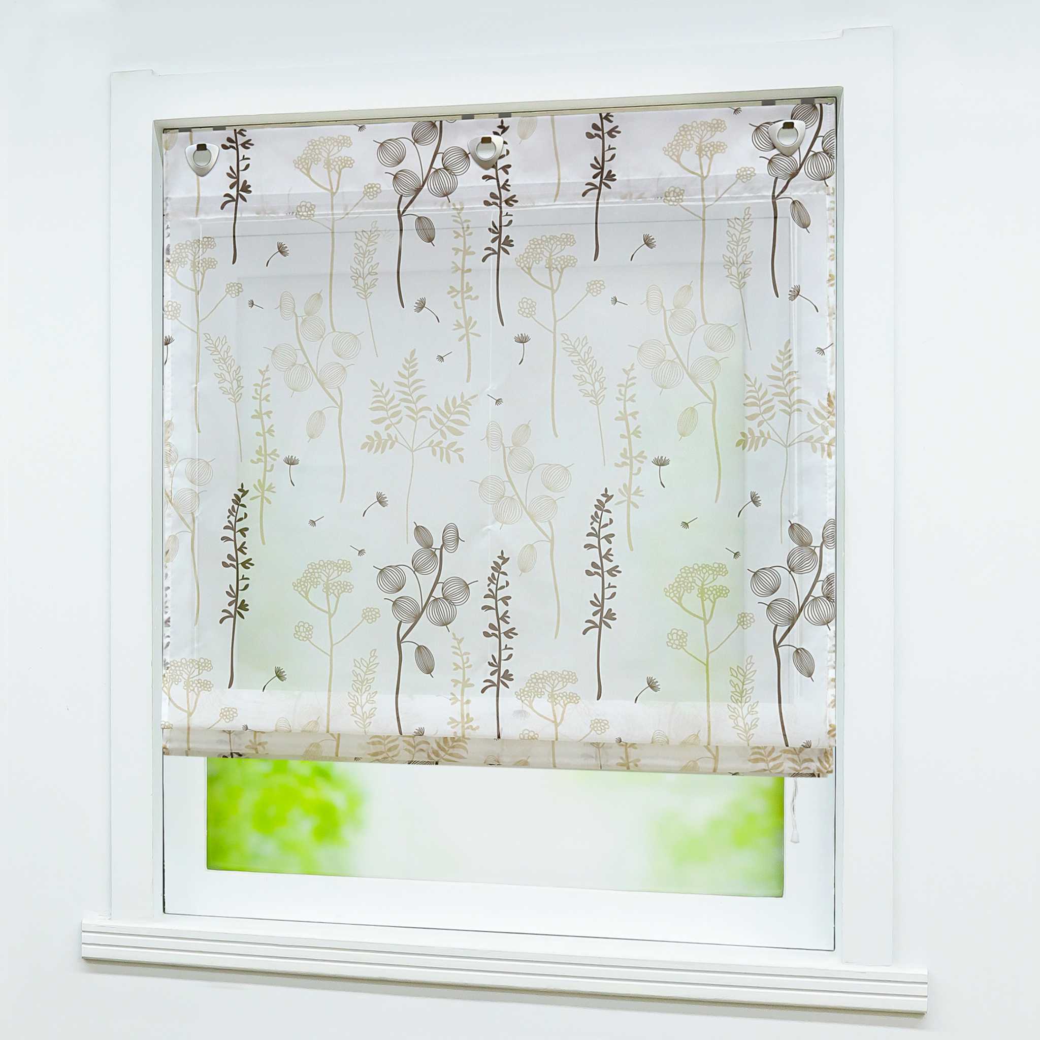 Roman Shade No-Drill Grommet with Hook Hanging with Chinese-Lantern Flower Pattern - Brown, W x H 80 x 140cm