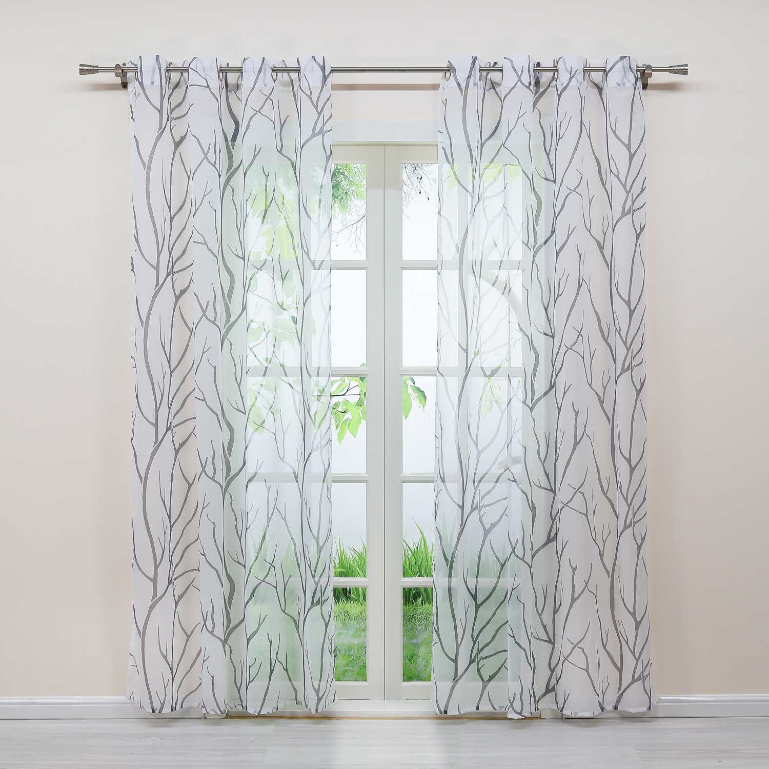 Tab-Top Curtain with Dense Branch Pattern Light-Filtering 1 Piece - Gray, Tab-Top Panel