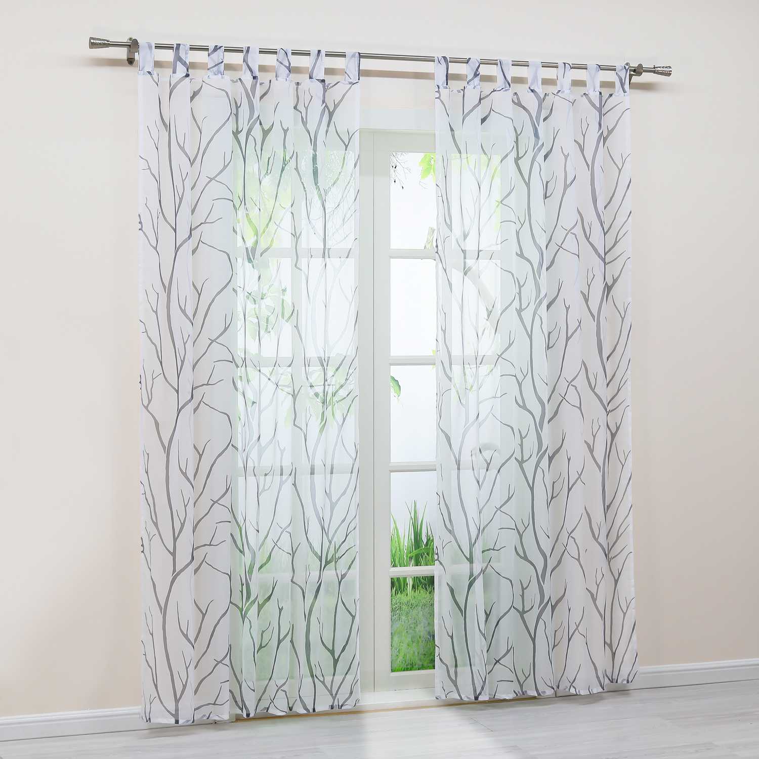 Tab-Top Curtain with Dense Branch Pattern Light-Filtering 1 Piece - Gray, Grommet Panel
