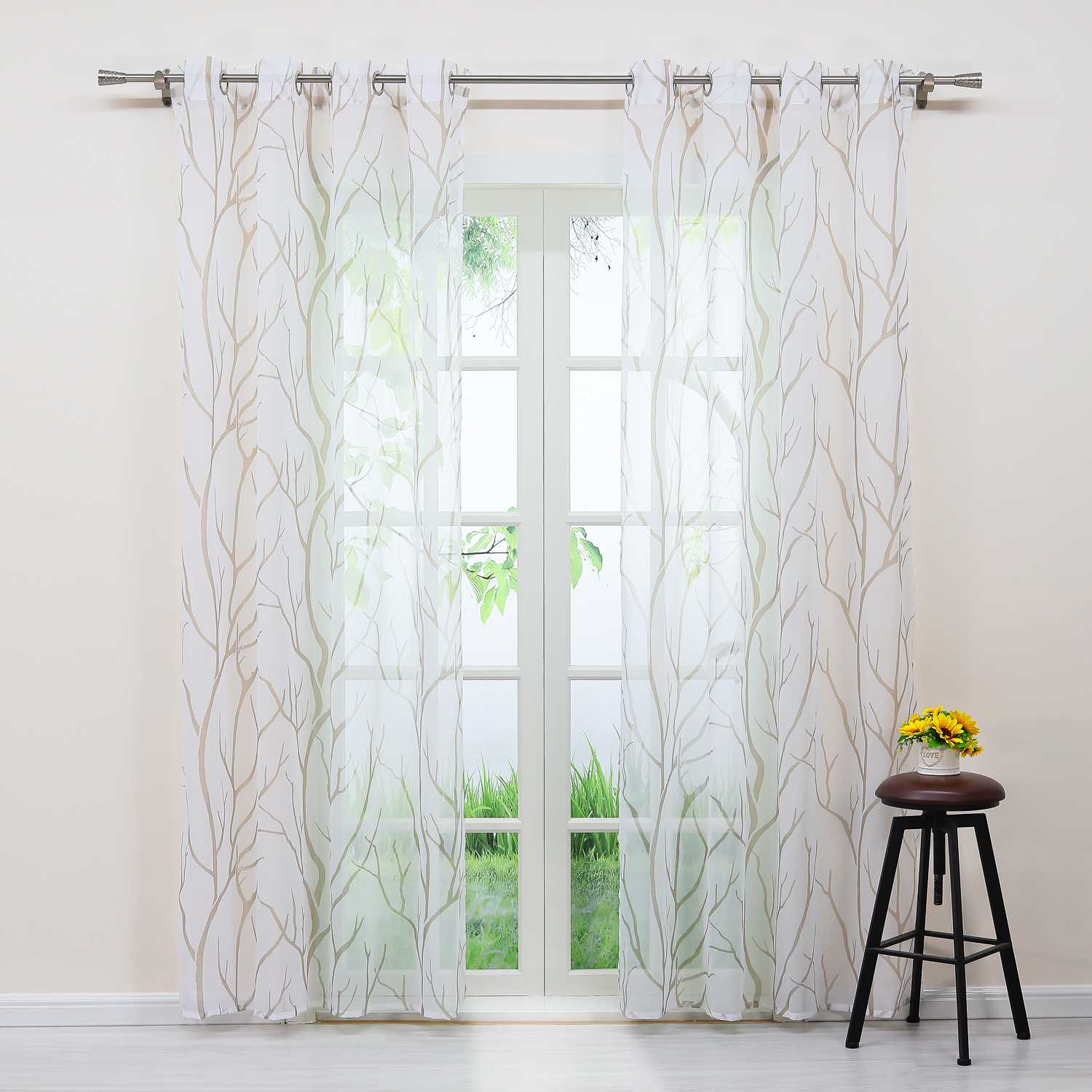 Tab-Top Curtain with Dense Branch Pattern Light-Filtering 1 Piece