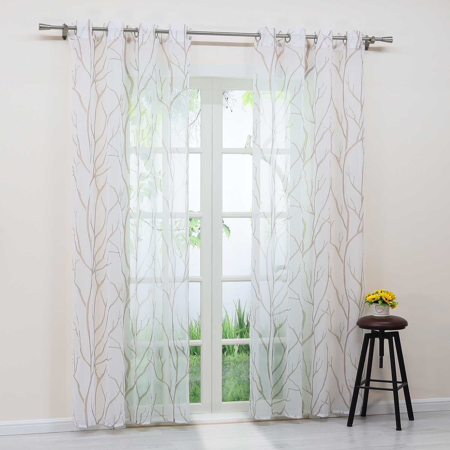 Tab-Top Curtain with Dense Branch Pattern Light-Filtering 1 Piece