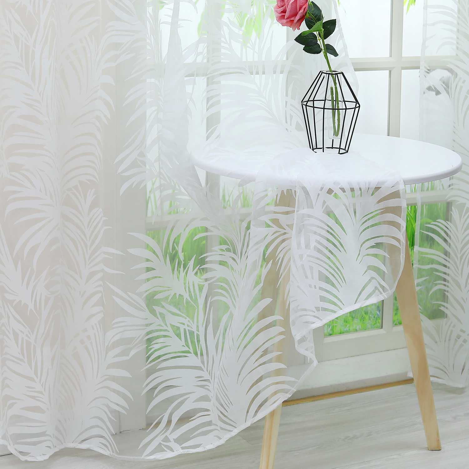Curtain in Burnout Fabric with Leaves Pattern 1 Piece - Tab-Top Panel, White