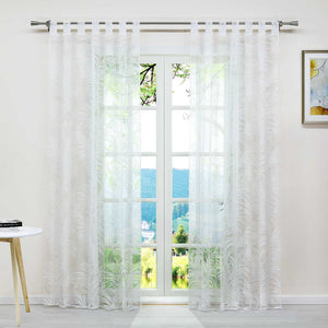 Curtain in Burnout Fabric with Leaves Pattern 1 Piece - Tab-Top Panel, White