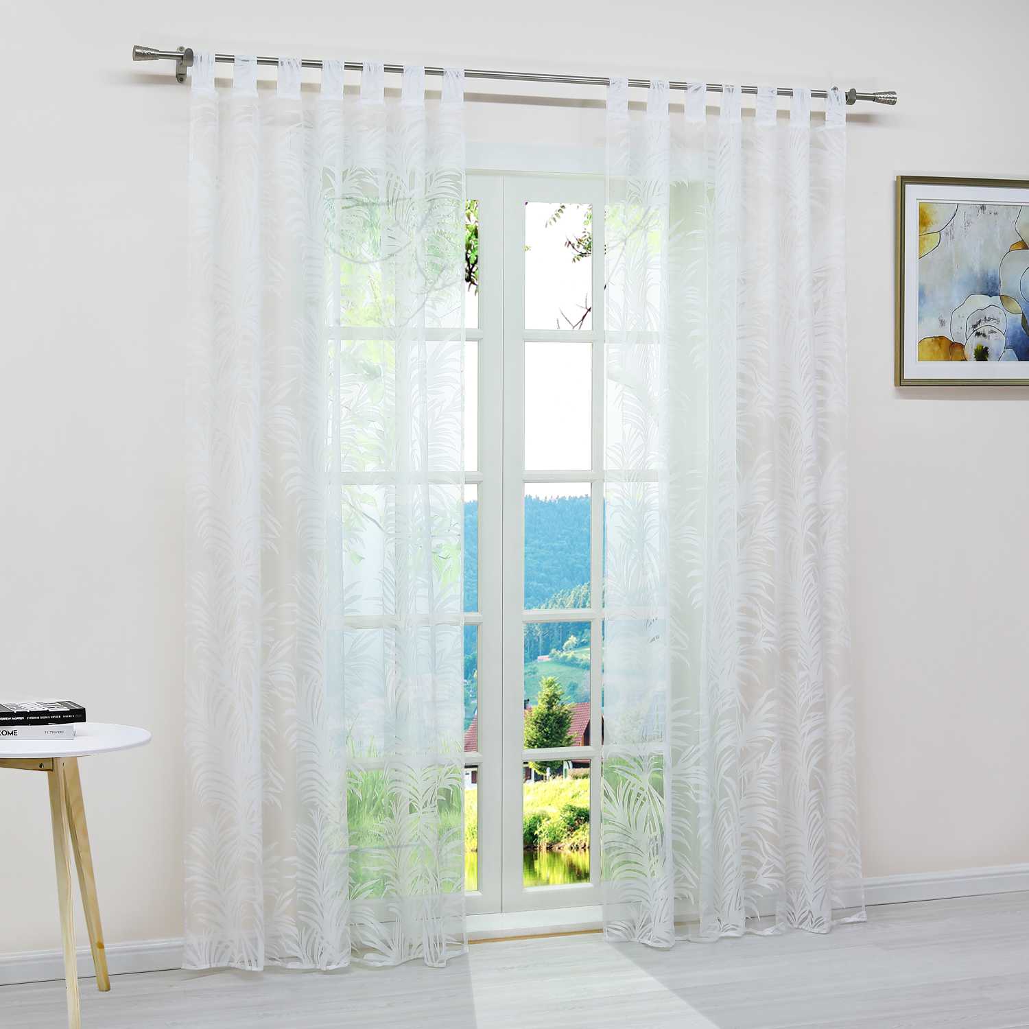 Curtain in Burnout Fabric with Leaves Pattern 1 Piece - Tab-Top Panel, White