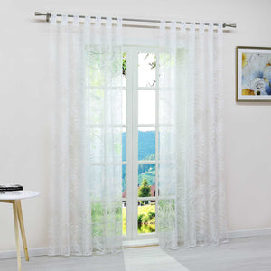 Curtain in Burnout Fabric with Leaves Pattern 1 Piece - Tab-Top Panel, White