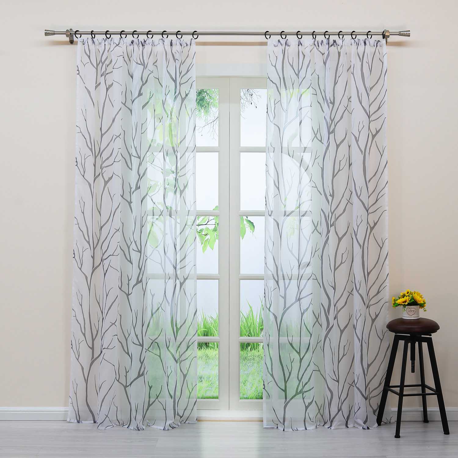 Tab-Top Curtain with Dense Branch Pattern Light-Filtering 1 Piece - Gray, Curtain-Tape Panel