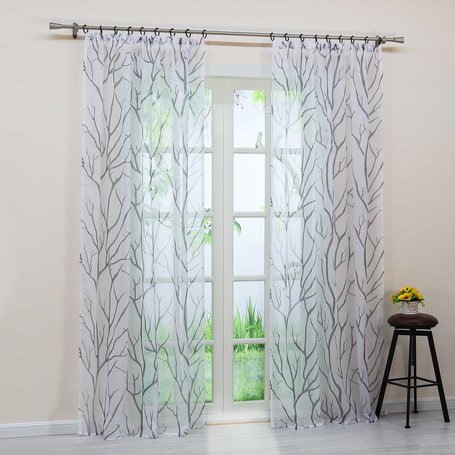 Tab-Top Curtain with Dense Branch Pattern Light-Filtering 1 Piece - Gray, Curtain-Tape Panel
