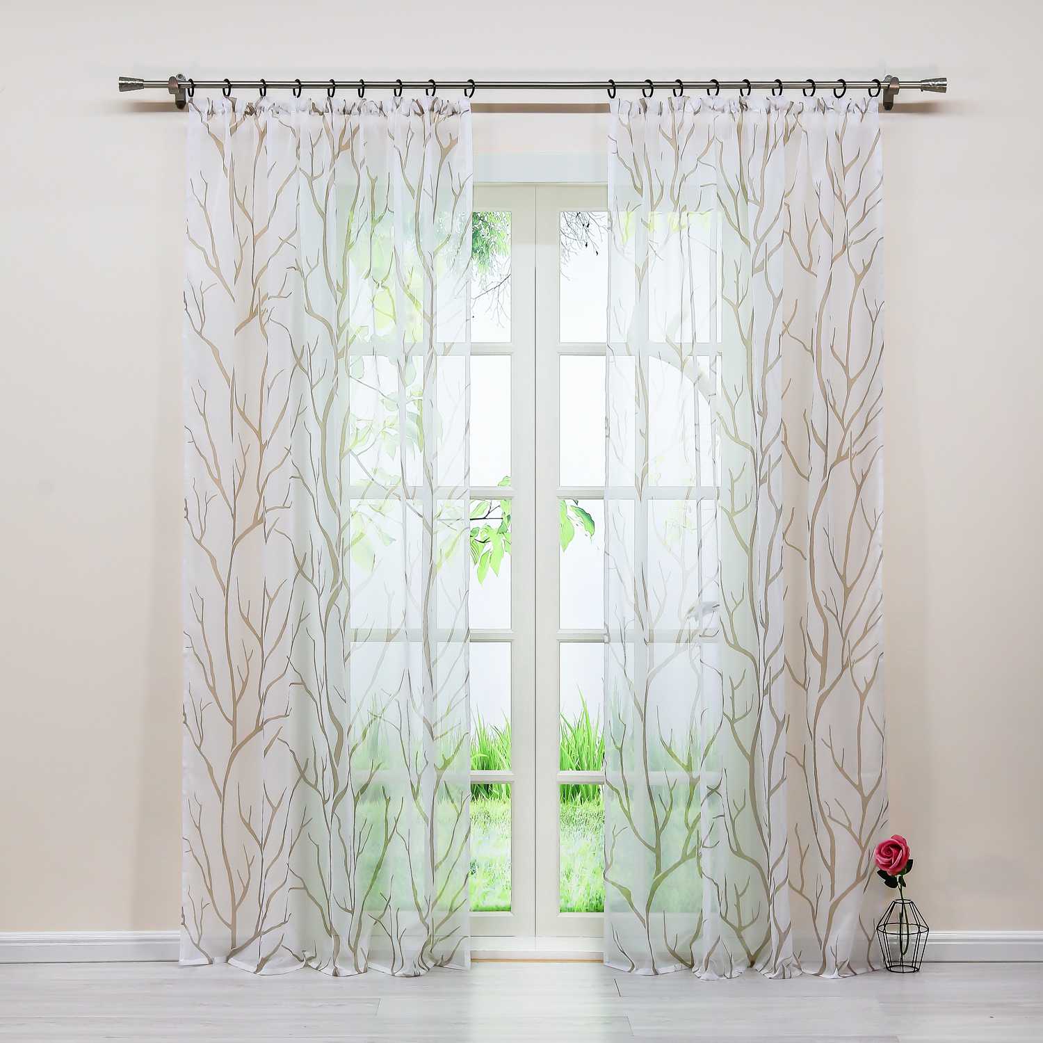Tab-Top Curtain with Dense Branch Pattern Light-Filtering 1 Piece - Sand, Tab-Top Panel