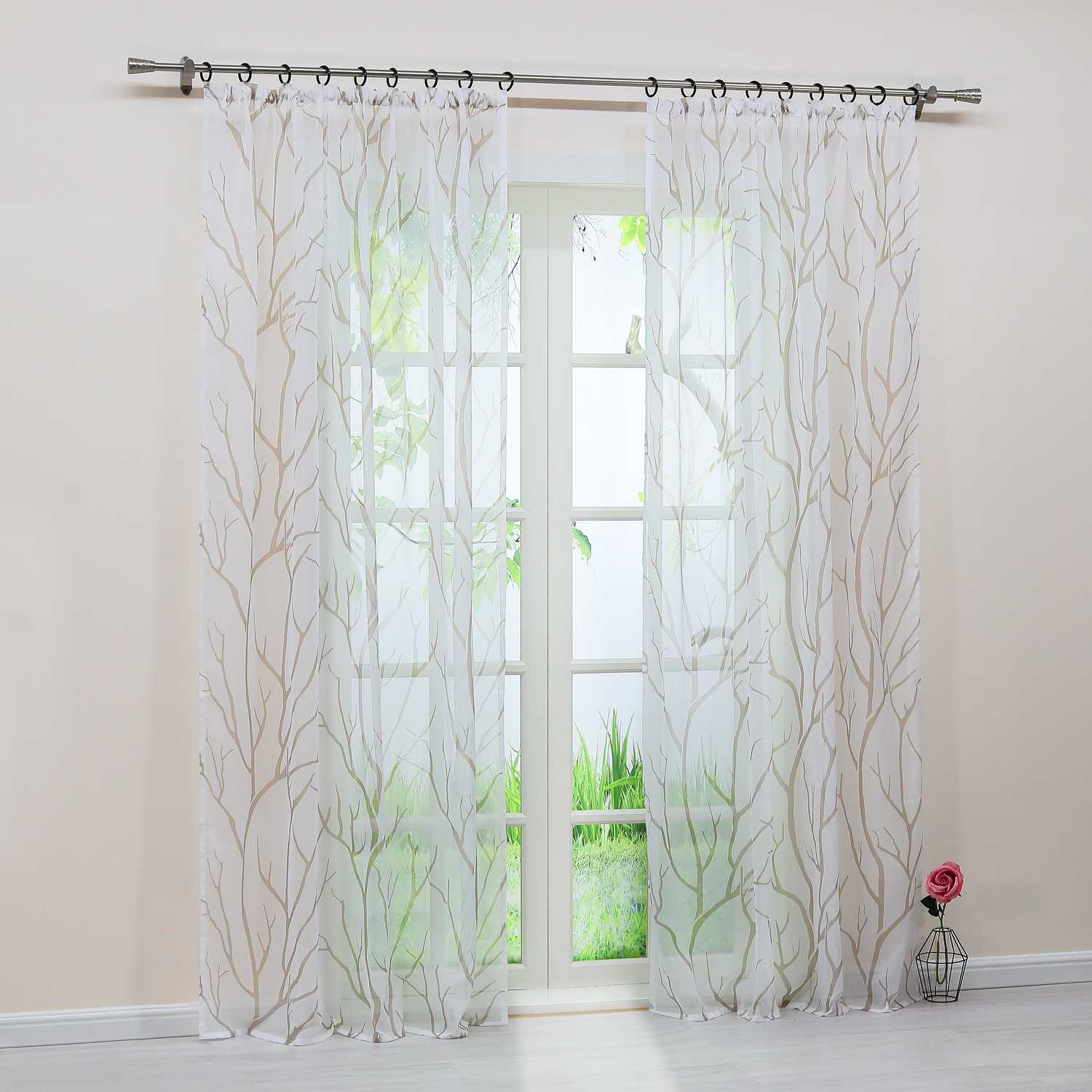 Tab-Top Curtain with Dense Branch Pattern Light-Filtering 1 Piece - Sand, Tab-Top Panel