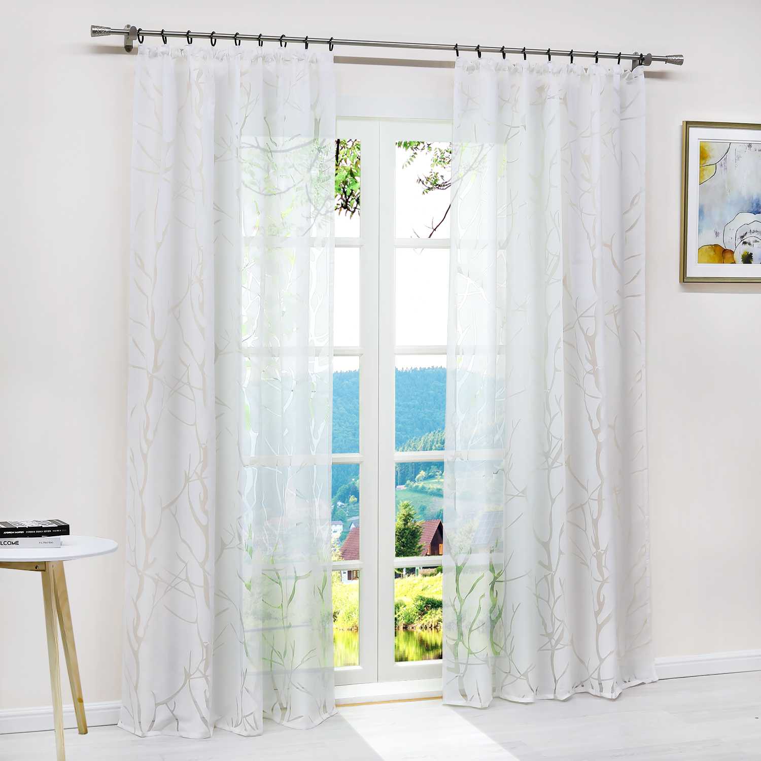 Curtain with Branch Pattern Light-Filtering Garden Style 1 Piece - White, Grommet Panel