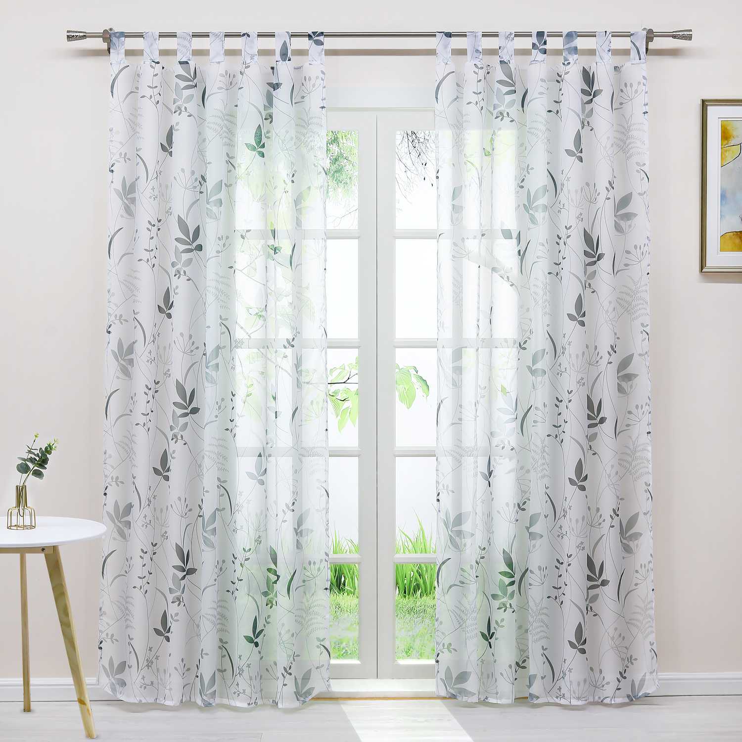 Curtain with Leaf Pattern Light Privacy Garden Style 1 Piece - White, Tab-Top Panel