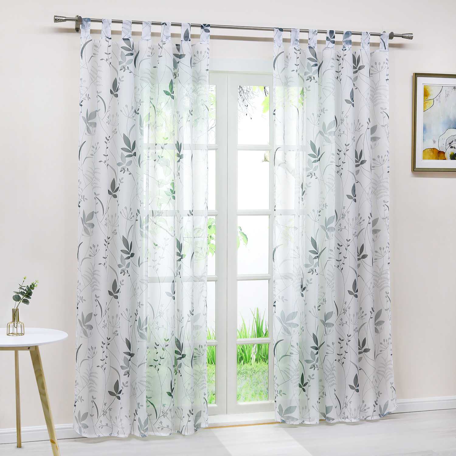 Curtain with Leaf Pattern Light Privacy Garden Style 1 Piece - White, Tab-Top Panel