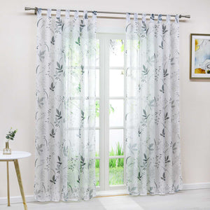 Curtain with Leaf Pattern Light Privacy Garden Style 1 Piece - White, Tab-Top Panel