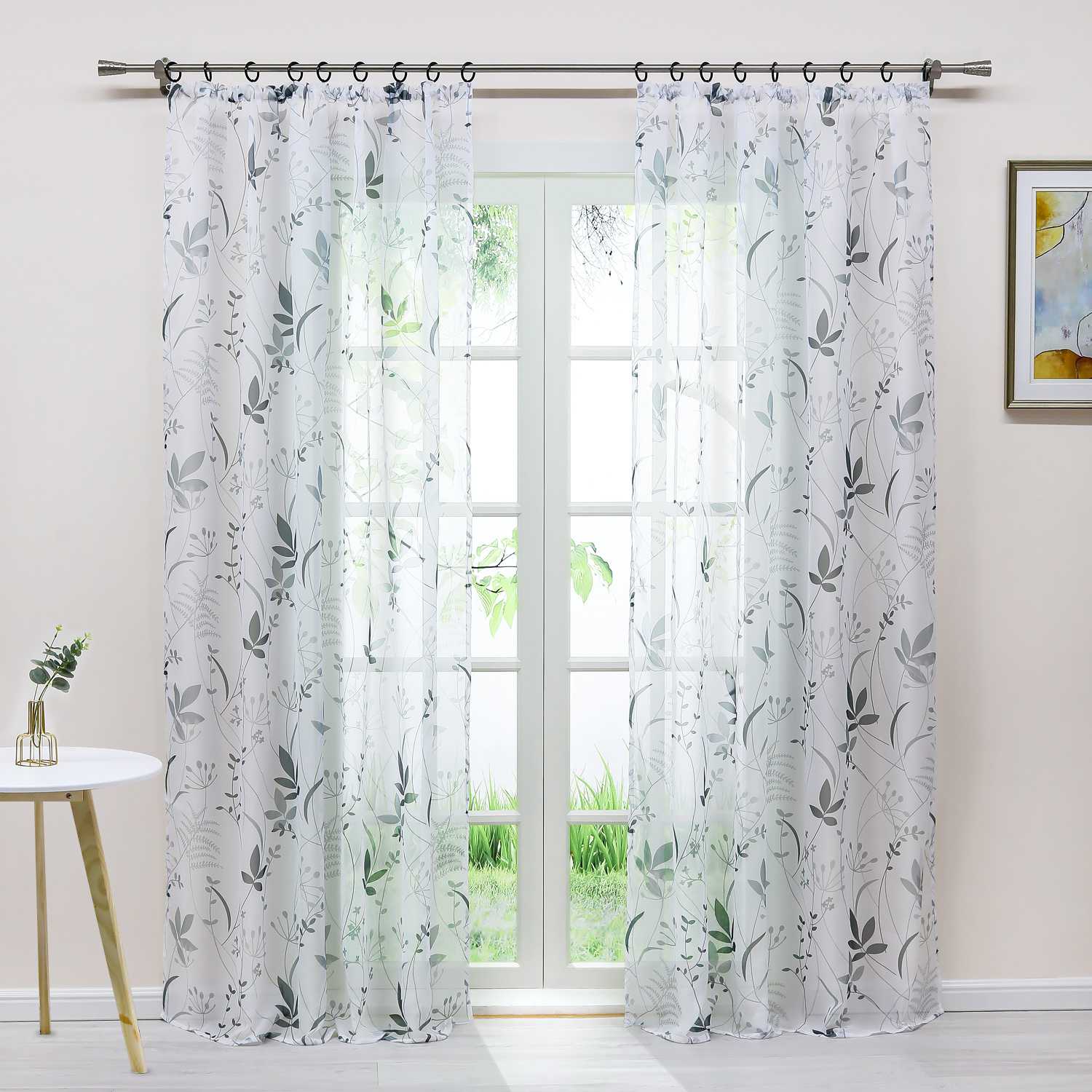 Curtain with Leaf Pattern Light Privacy Garden Style 1 Piece - White, Grommet Panel