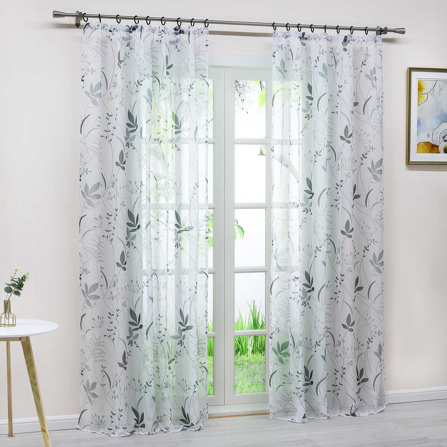Curtain with Leaf Pattern Light Privacy Garden Style 1 Piece - White, Grommet Panel